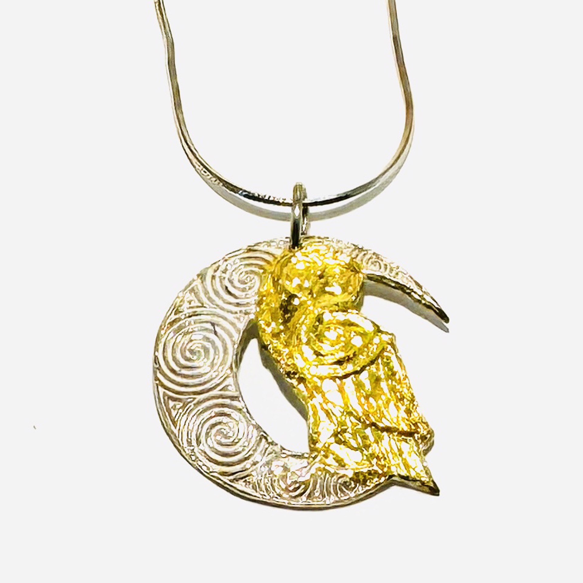 Keum-boo Fine Silver and Gold Owl and Moon Necklace KH23-26 by Karen Hakim