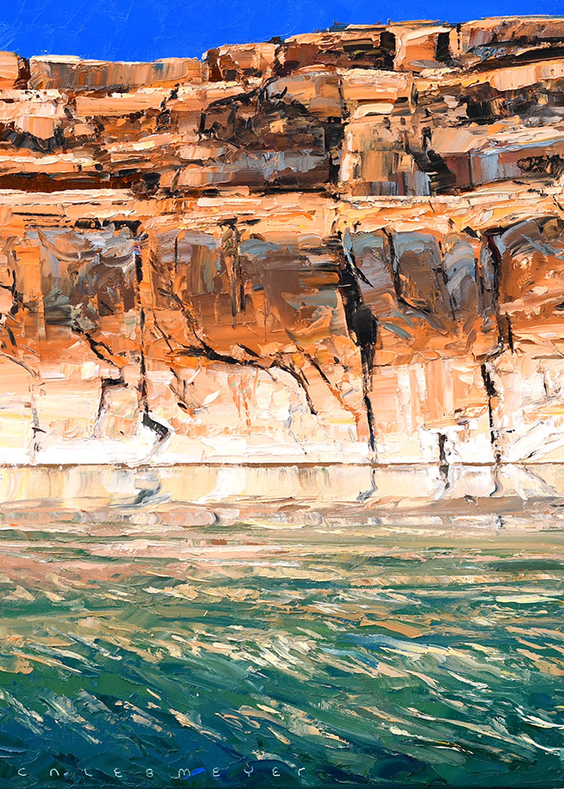 Desert Lake Scene Oil Painting Red Rocks Blue Water