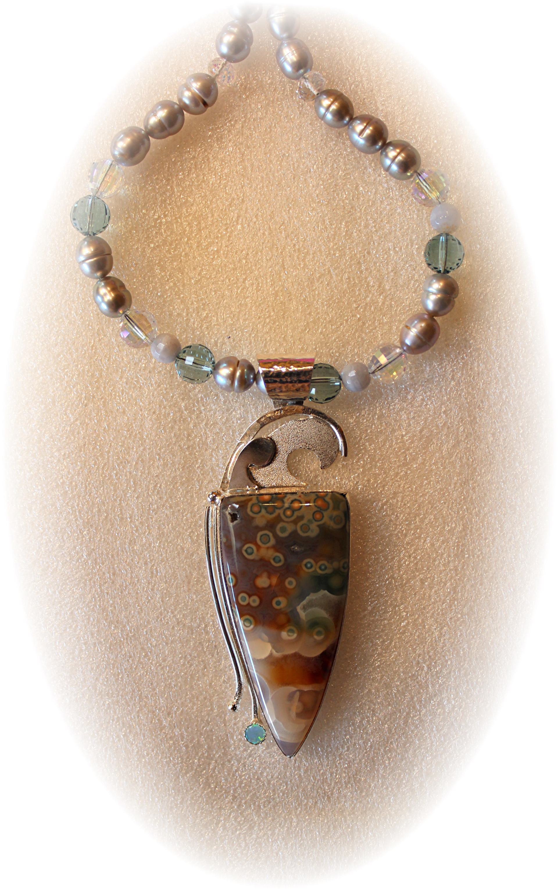 Ocean Jasper in Sterling Silver with Blue Lace Agot,  Pearl & Crystal Strand by Michael Redhawk
