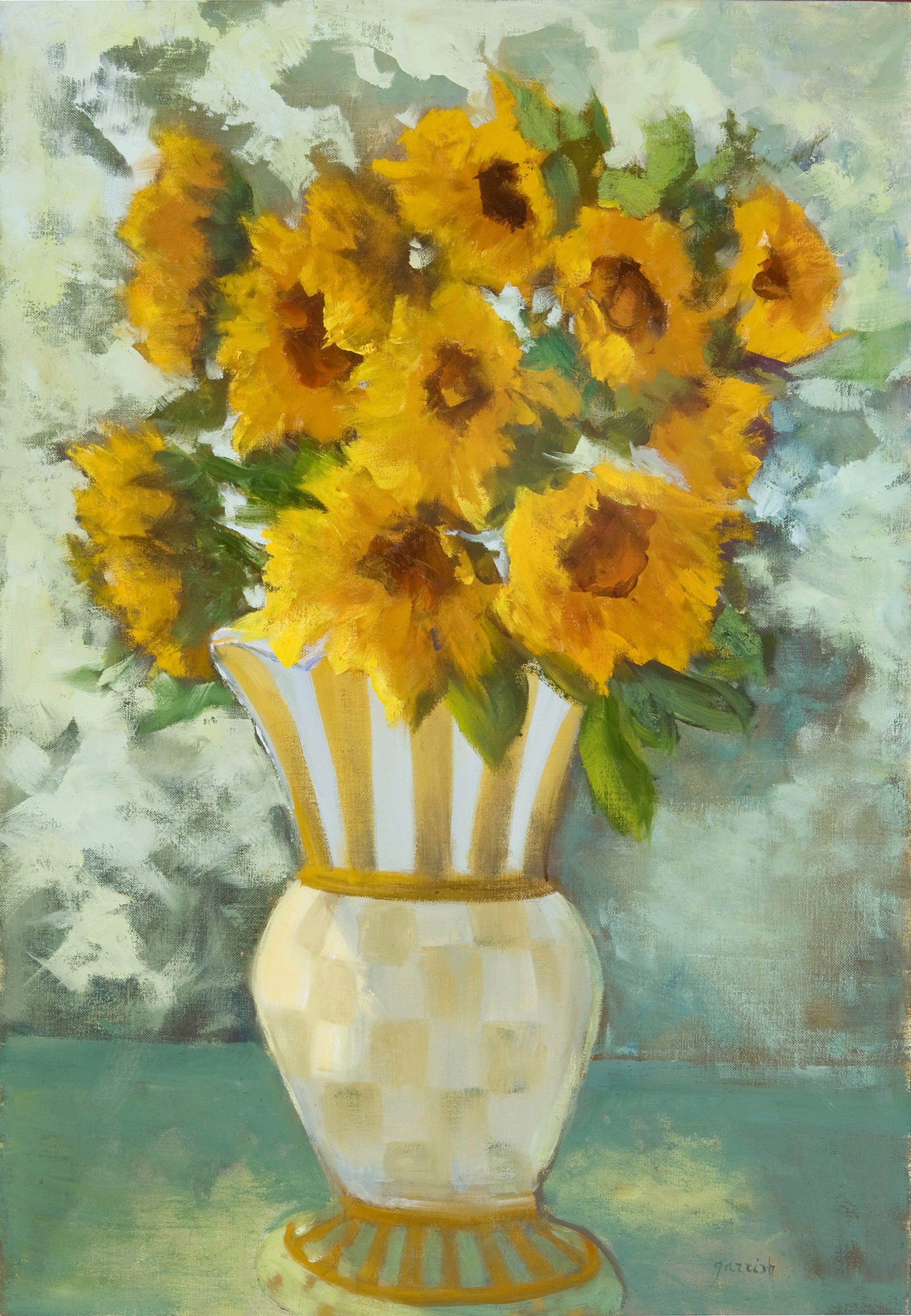 "Mackenzie and Sunflowers" original oil painting by Mary Garrish