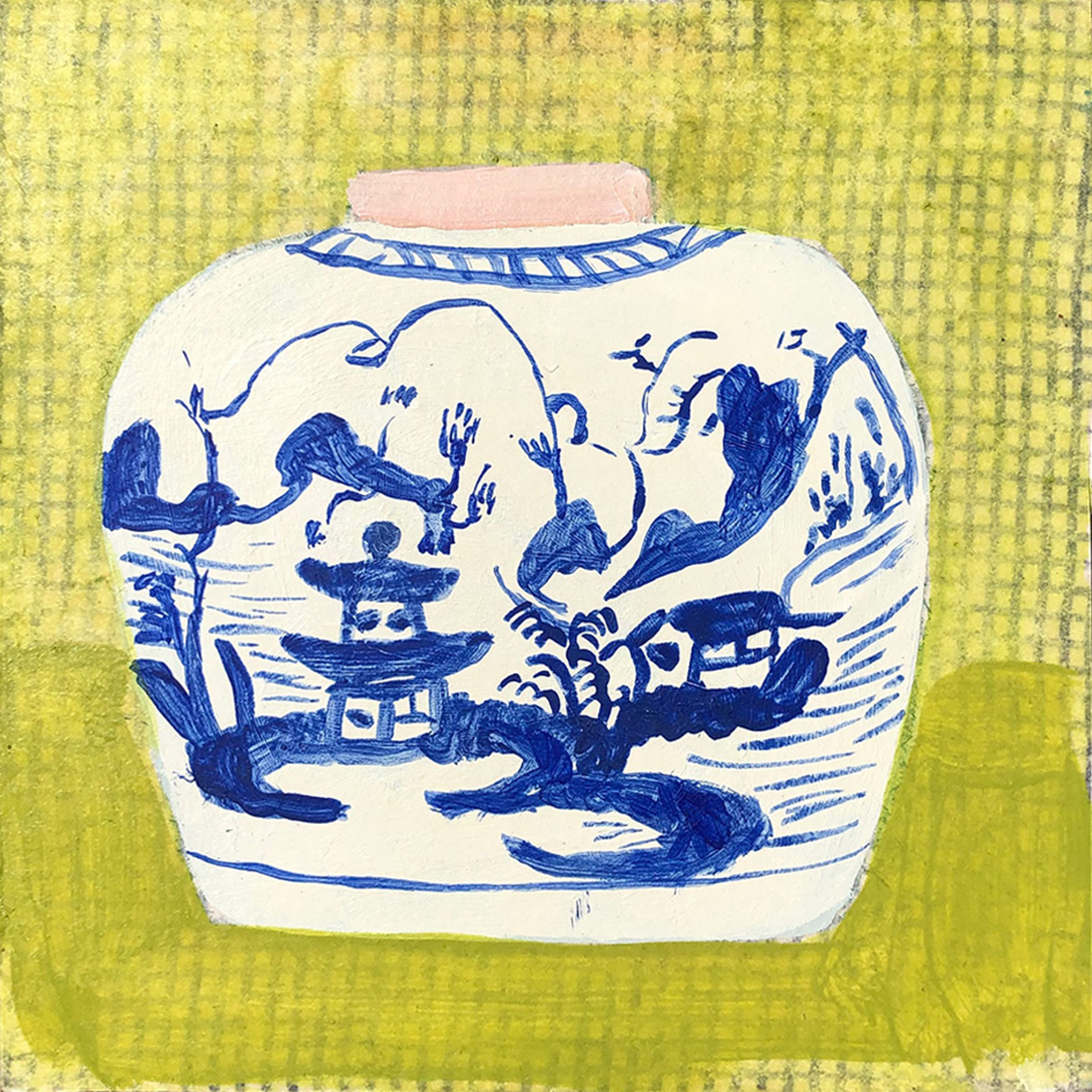 Canton Ginger Jar- Mountains and River on Citron Windowpane Check {ON HOLD} by Sky Hoyt