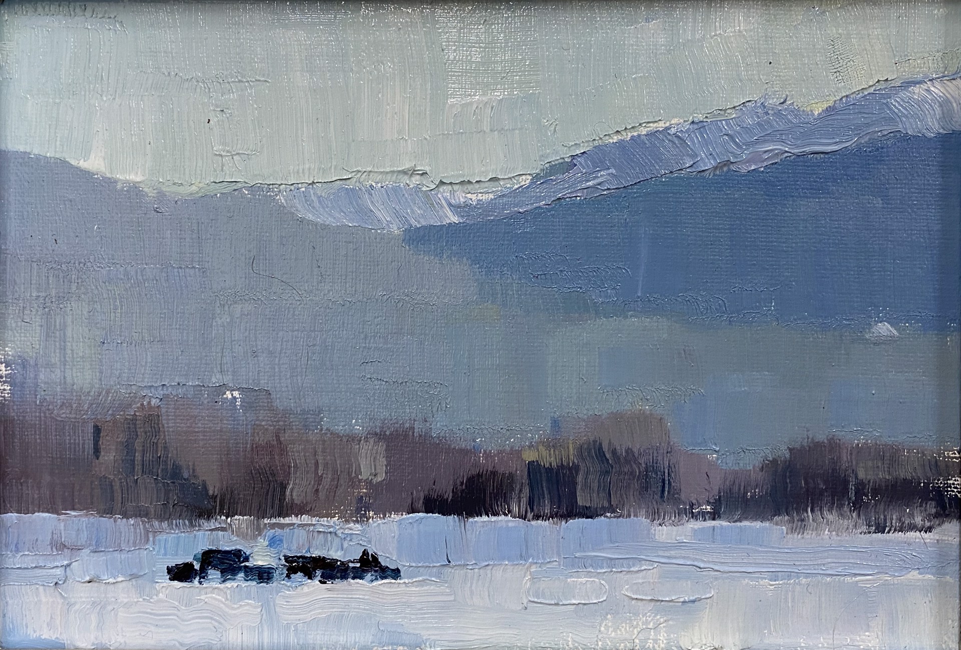 An Original Oil Painting Of A Snowy Field With Cattle And Mountains In The Distance, By Amber Blazina 