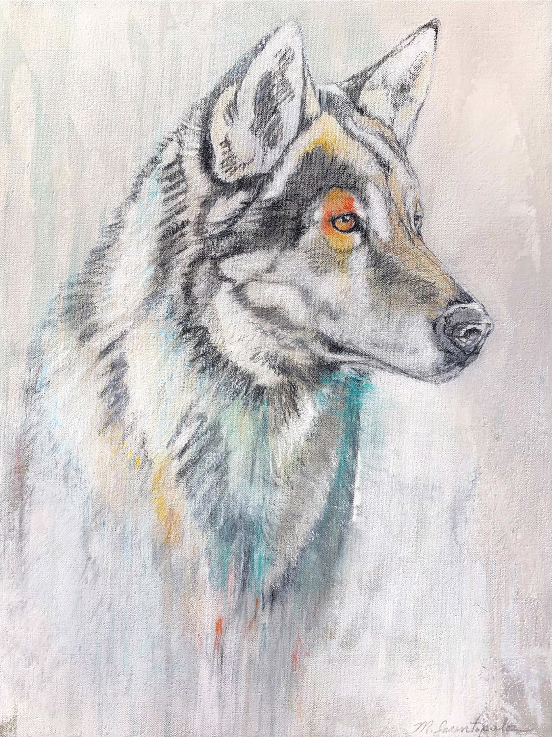 Original Mixed Media Painting Featuring A Wolf Portrait In Grays With Gray Wash Background And Orange Highlight Over Eye
