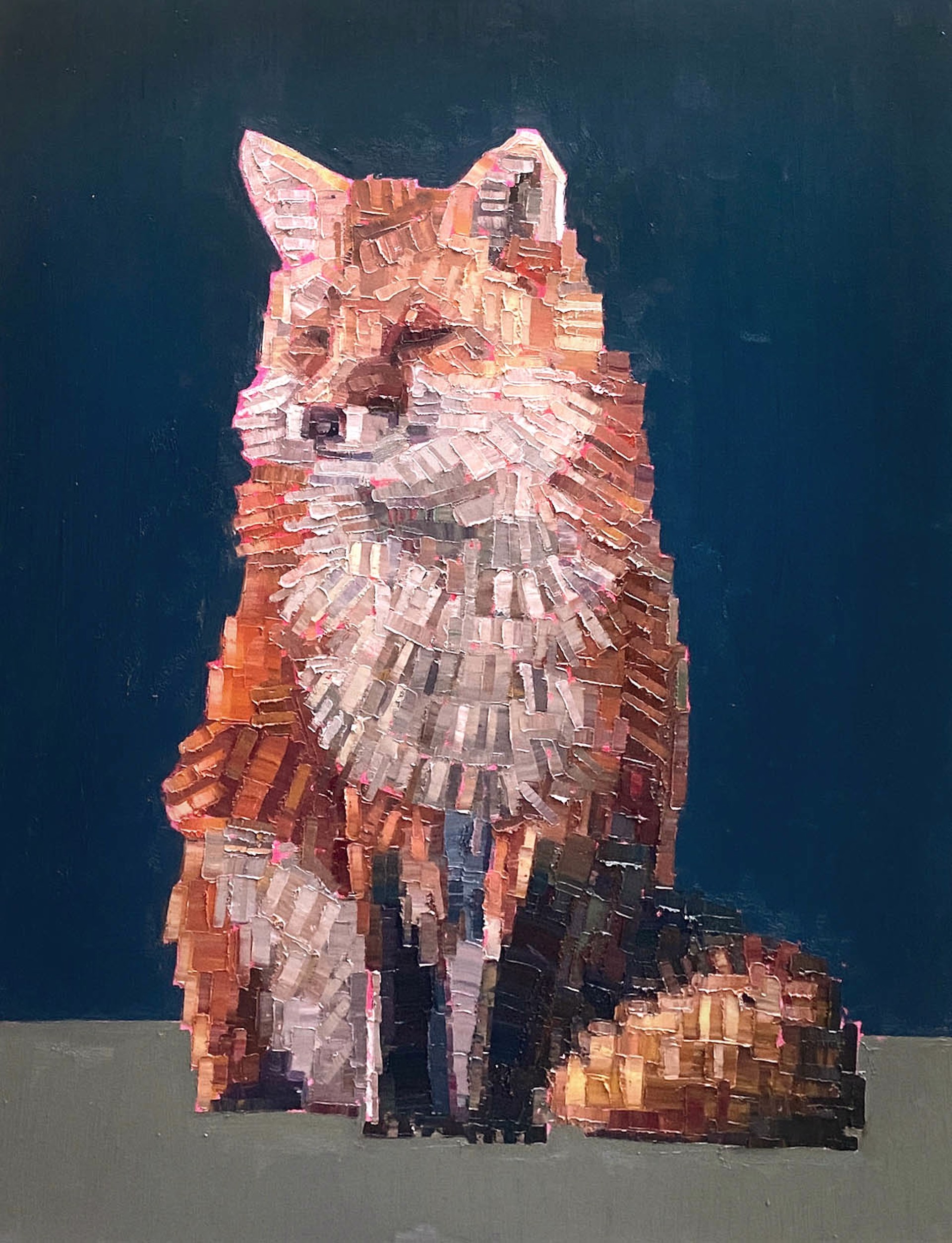 Original Oil Painting Featuring A Seated Fox Over Split Blue And Green Background