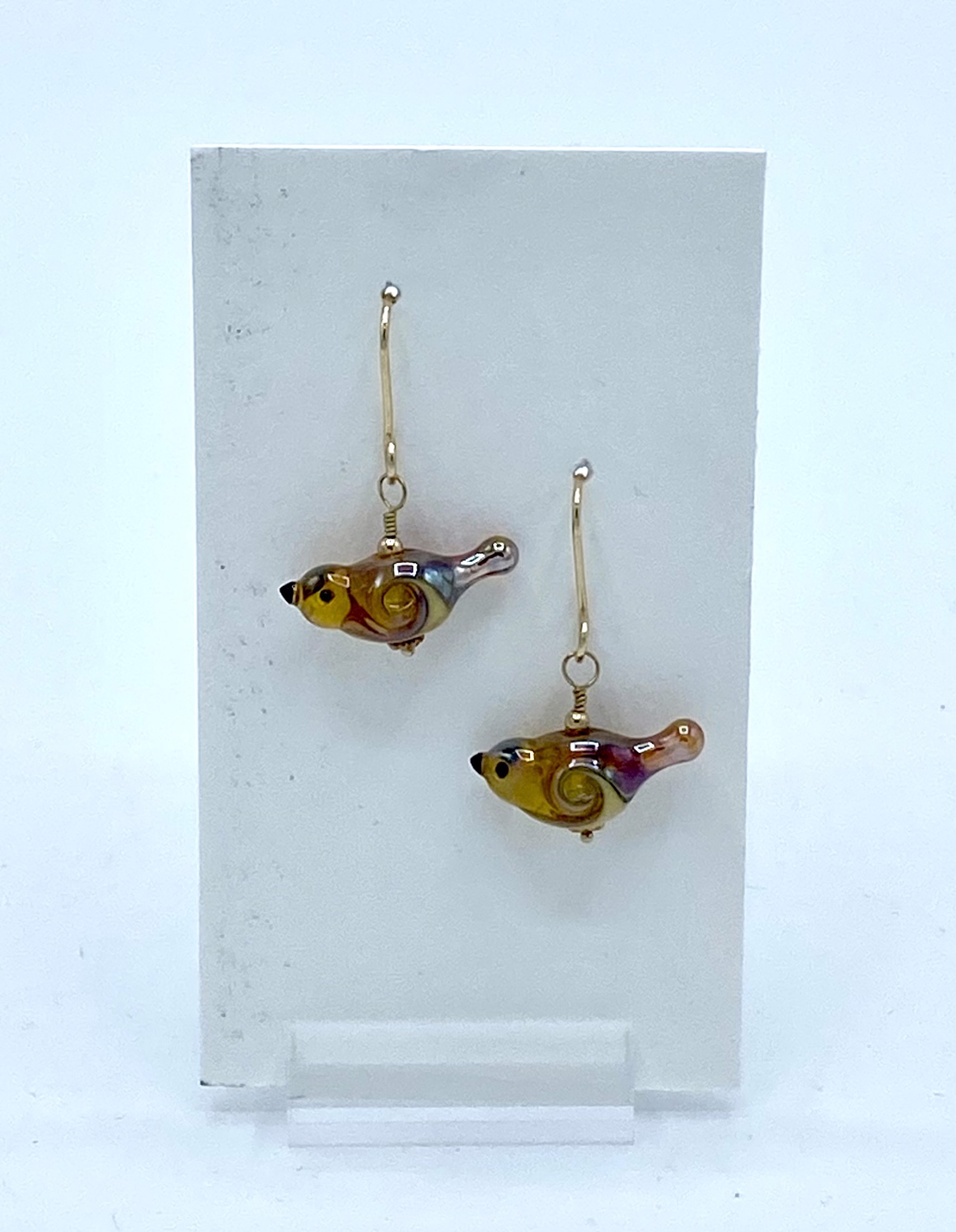Glass Bird Earrings Gold Filled (Silver Glass) by Emelie Hebert