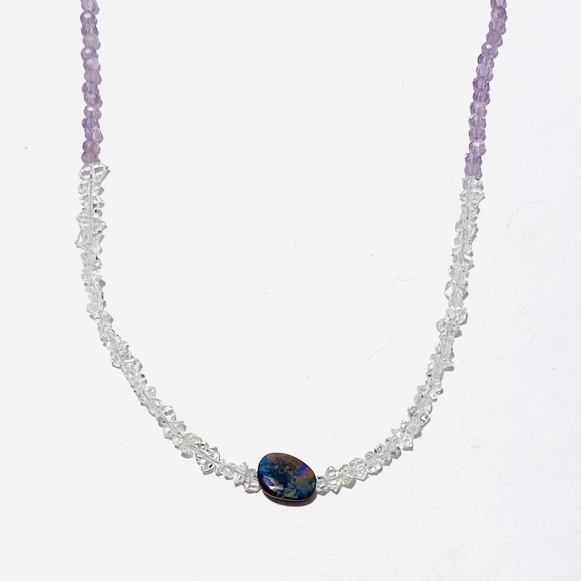 Tiny Pink Amethyst Herkimer Diamond Australian Opal Necklace by Nance Trueworthy