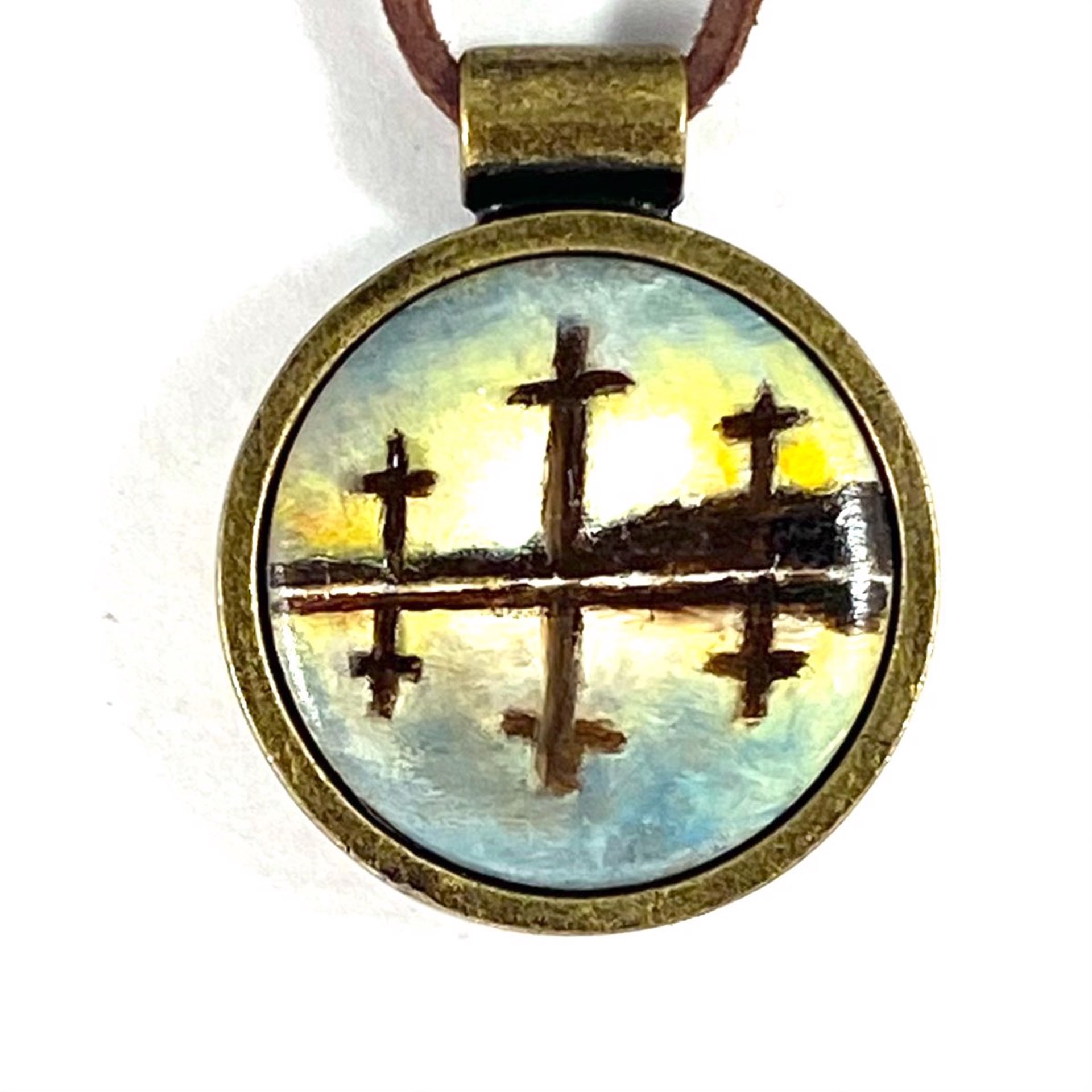 BS22-8  Three Crosses at Sunset with Reflection-pendent on leather by Barbara Sawyer
