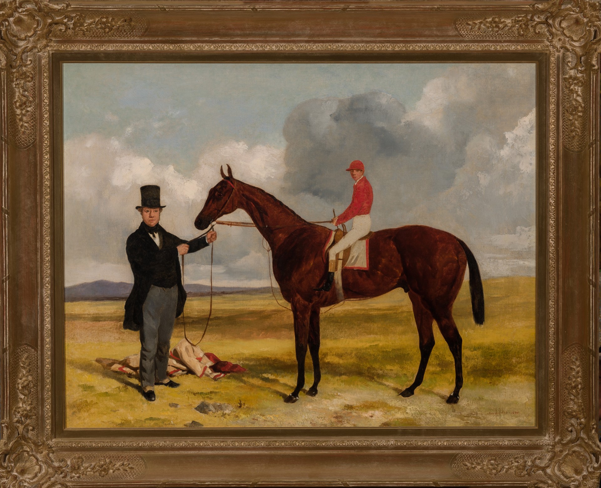 A Trainer Holding a Bay Racehorse Jockey Up at Newmarket by Harry Hall