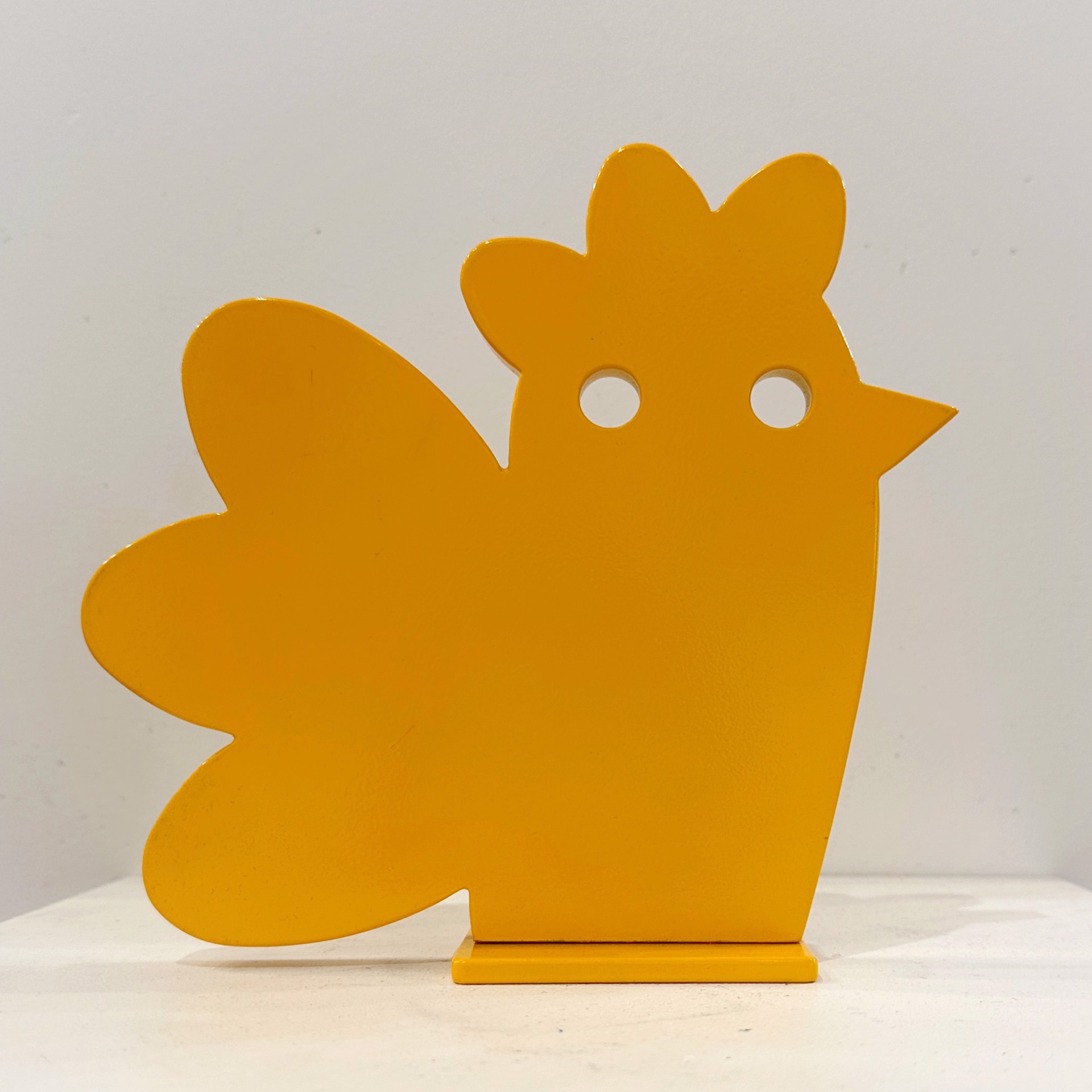 Aluminium Sculpture By Jeffie Brewer Featuring A Chicken In Simplified Shapes And Yellow Finish