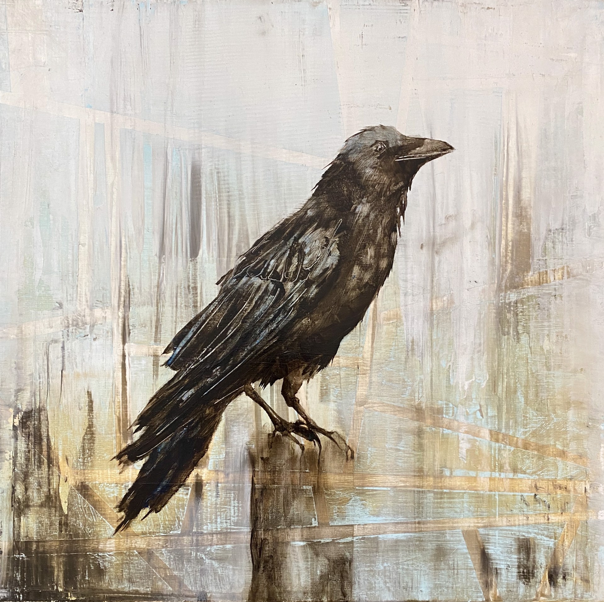 A Original Contemporary Oil Painting Of A Raven With A Abstract Background, By Jenna Von Benedikt