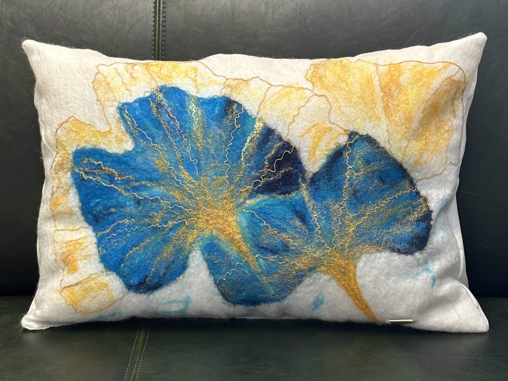 Blue and Gold Ginko Pillow by Susanna Valieva