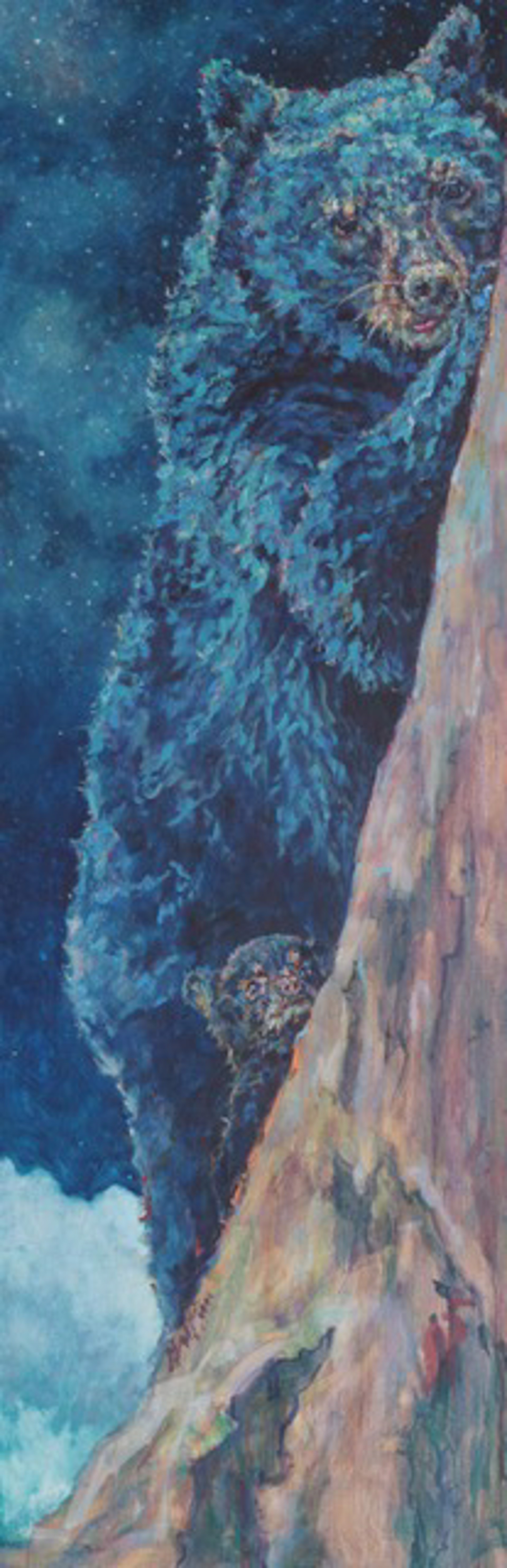 A Contemporary Oil Painting Of A Mother Black Bear And Cub On The Side Of A Tree, By Patricia Griffin