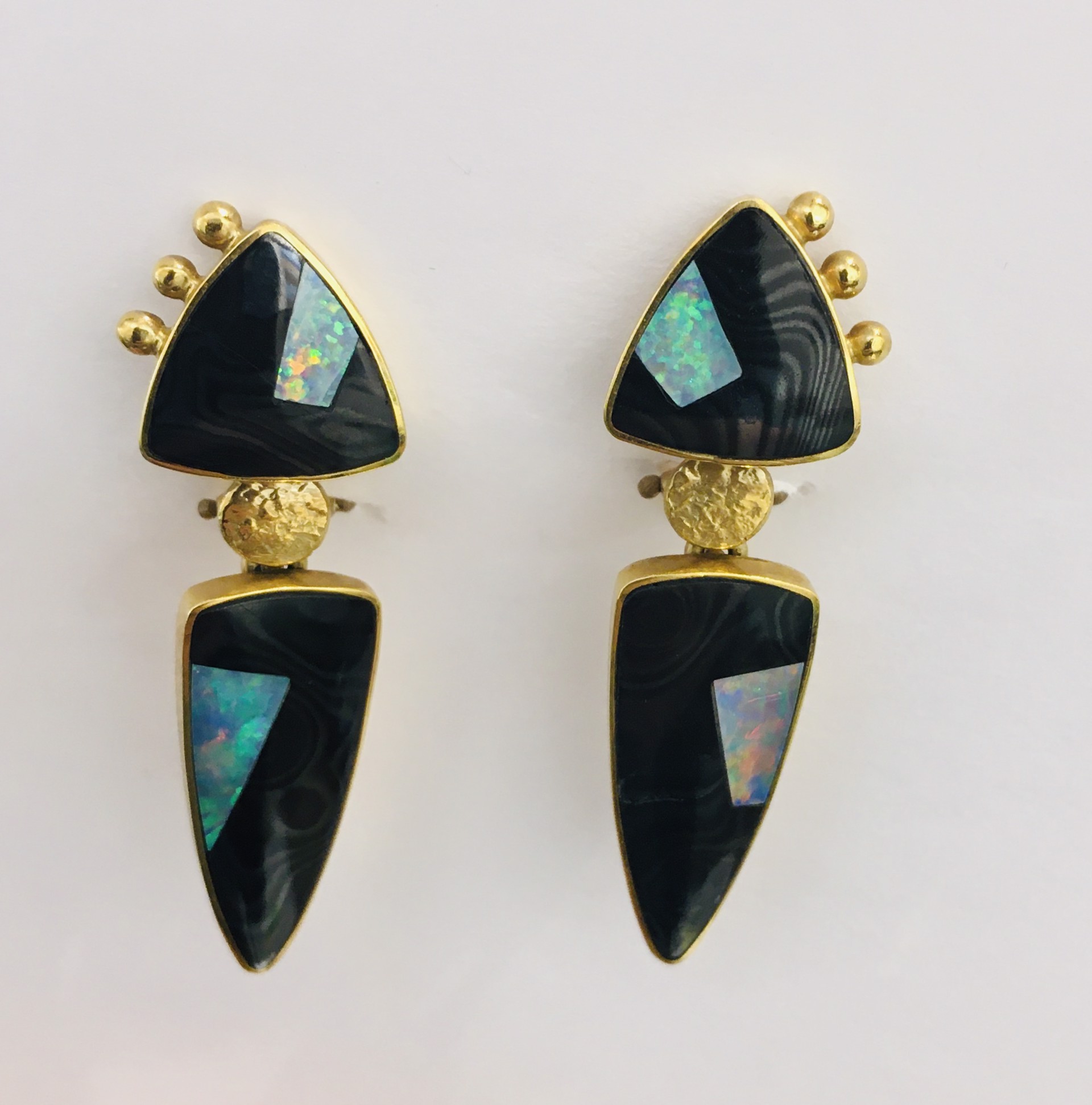 Psilomelene and Opal, Omega earrings by JEFF & SUSAN WISE