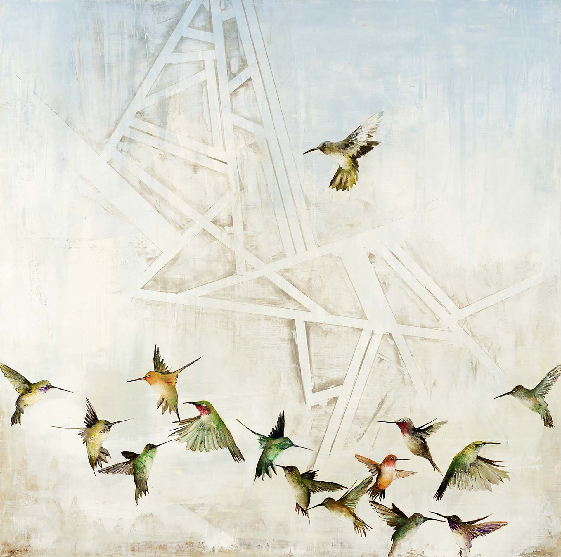 Contemporary Oil Painting Of Many Humming Birds In Flight On A Light White And Blue Background, Fine Art By Jenna Von Benedikt