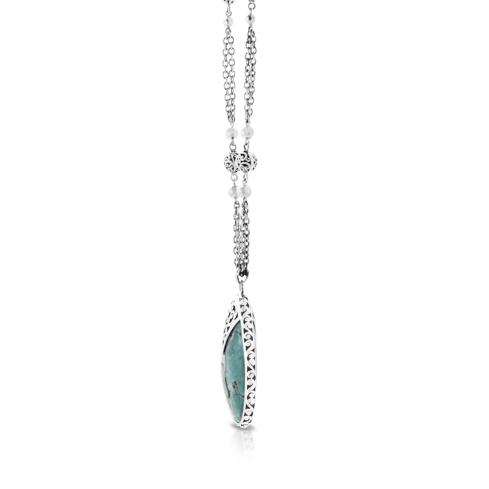 9710 Organic Shaped Turquoise with Hand Carved Scroll Rim on Handmade Sterling Silver Chain, Pendant is 36 by 44mm by Lois Hill