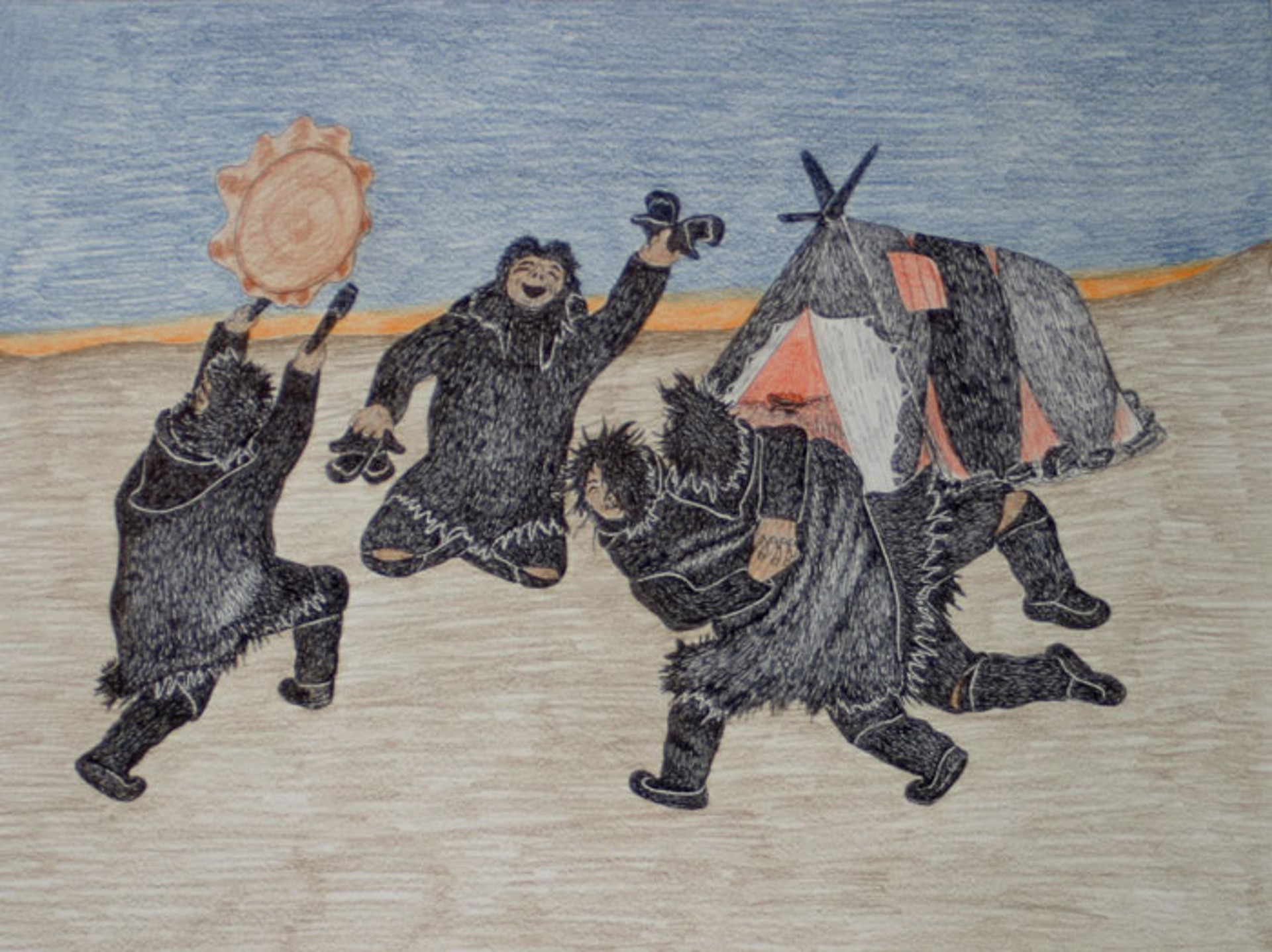 Inuit: Wrestlers with Two Onlookers by Kananginak Pootoogook