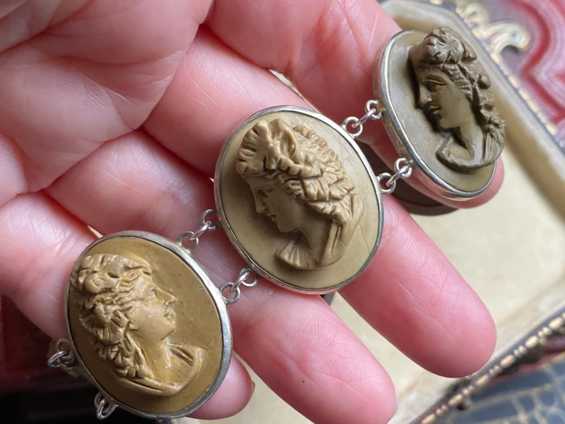 Antique Victorian large high relief multi-goddess bust specimen carved lava cameo bracelet by Cameo