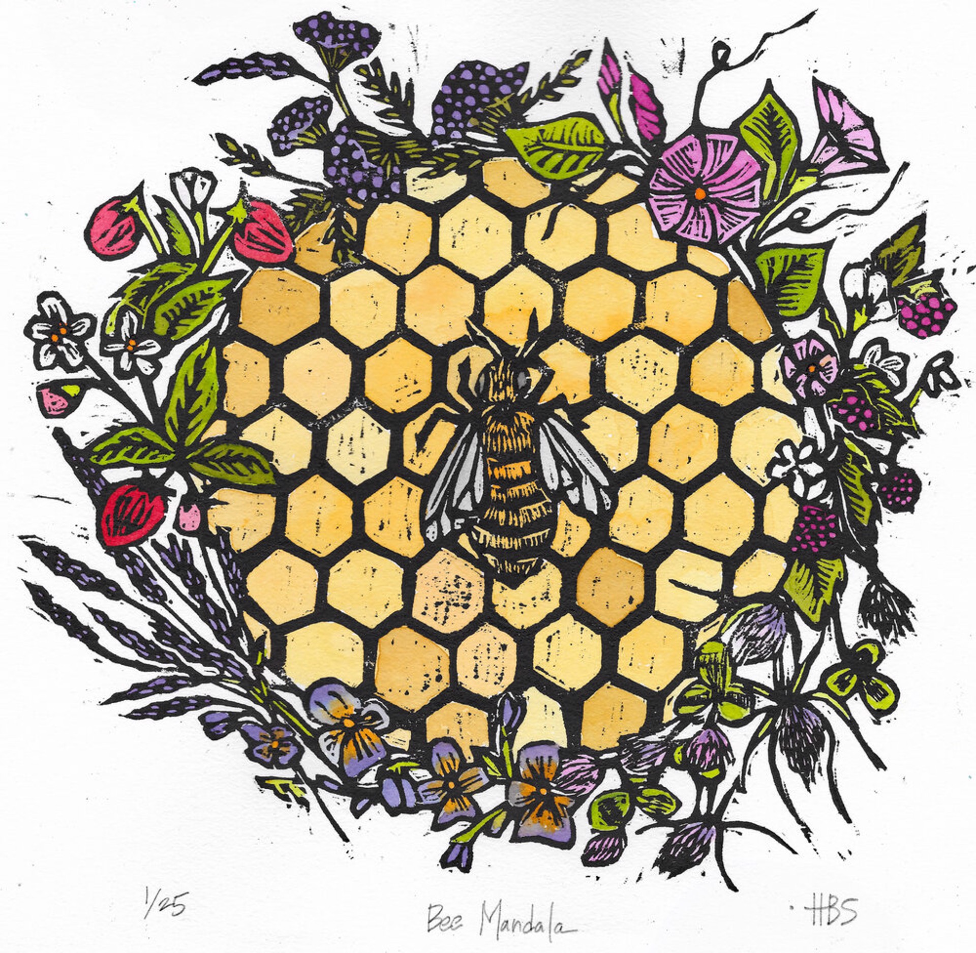 Bee Mandala Limited Edition Watercolor Woodblock Print by Hannah B Spencer