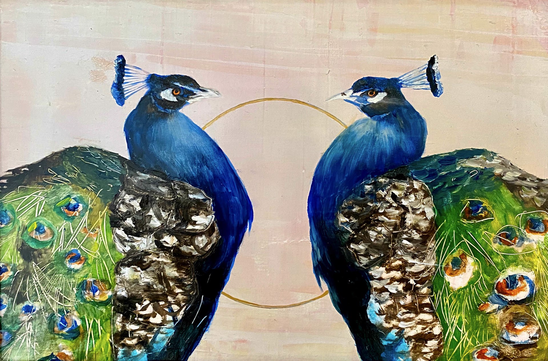 Original Oil Painting Of Two Male Peacocks Facing Each Other In Front Of A Gold Circle With A Light Contemporary Background, By Jenna Von Benedikt
