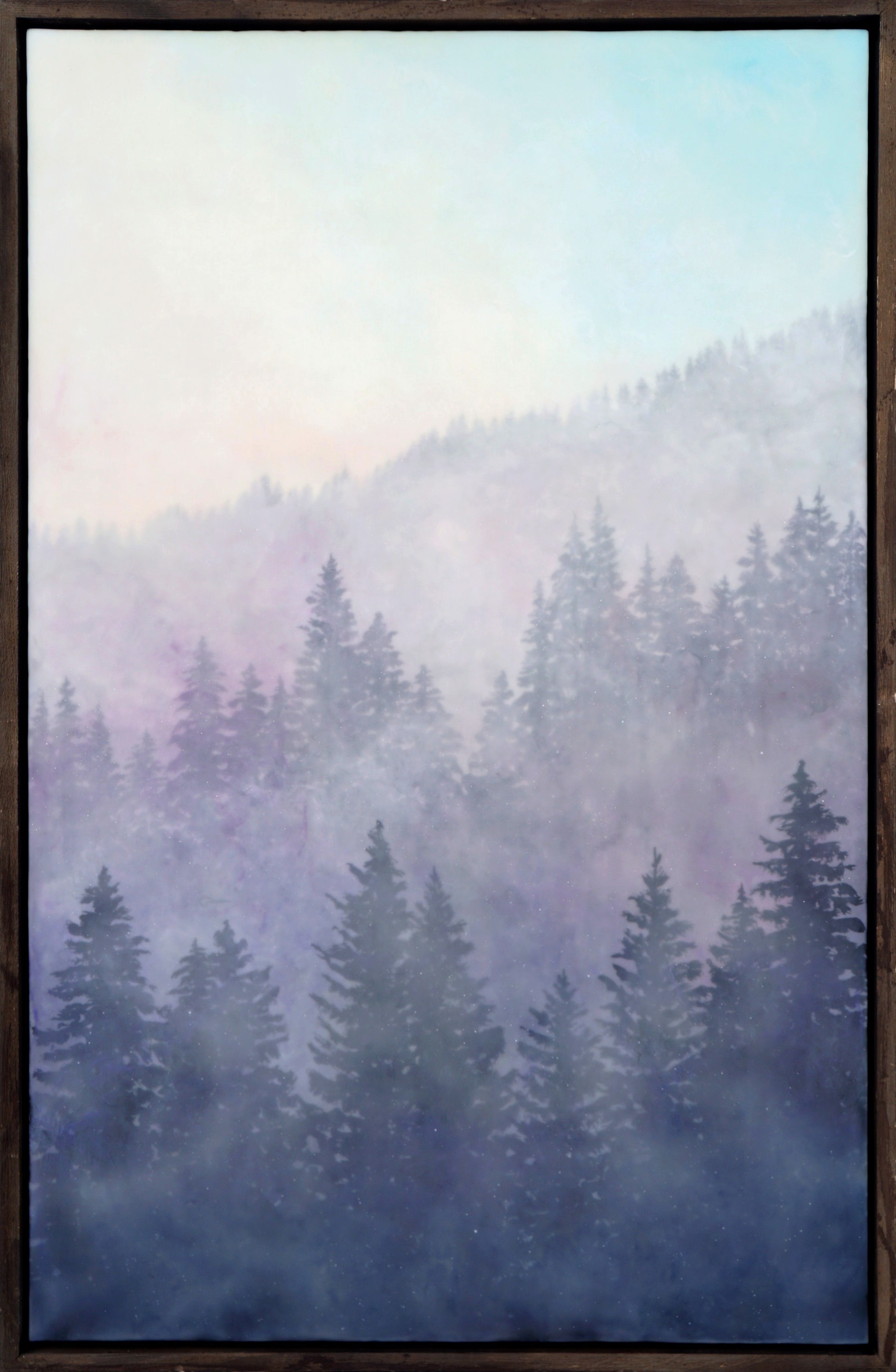 A Landscape Painting Made With Encaustic And Milk Paint Of Layered Purple Pine Trees  By Bridgette Meinhold