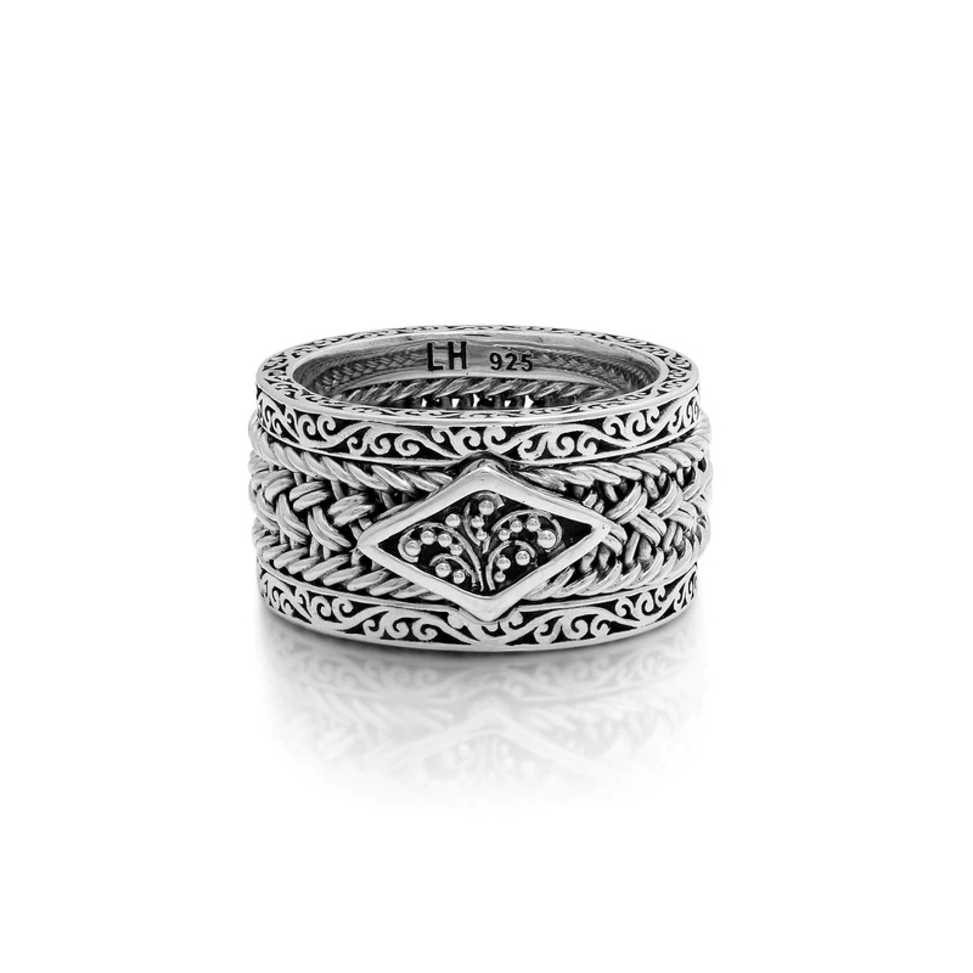 1072 LH Textile Weave Diamond Shape Granulated Station 3-Stack Ring (SO) by Lois Hill