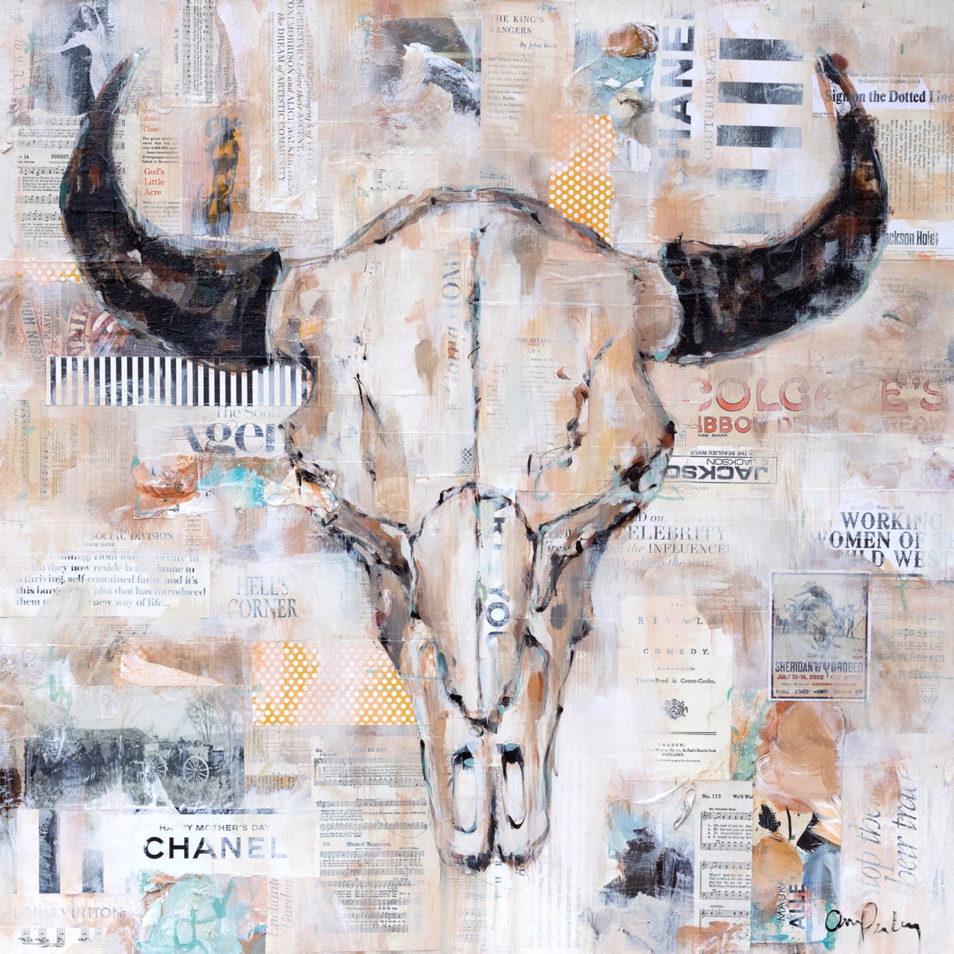 Original Mixed Media Painting By Carrie Penley Featuring A Bison Skull On Collage Background