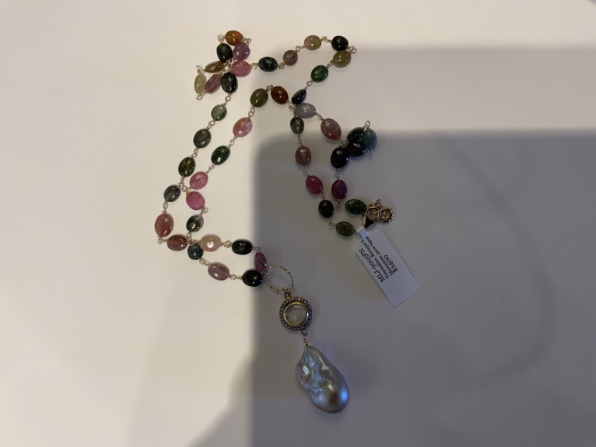 Tourmaline, Baroque Pearl, Moonstone, and Pave Topaz by Melinda Lawton Jewelry