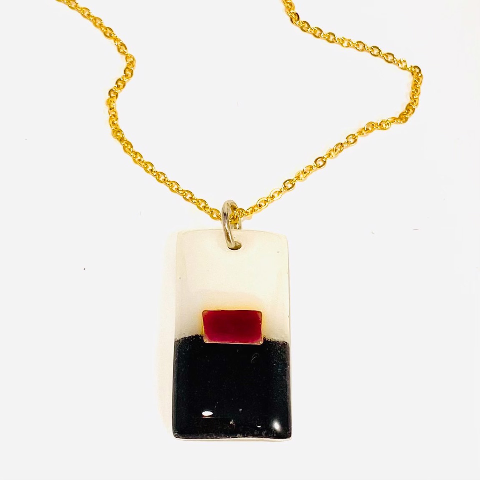 Black, White and Red Vitreous Enamel Pendant on 16"adjustable Brass Chain KH22-45 by Karen Hakim