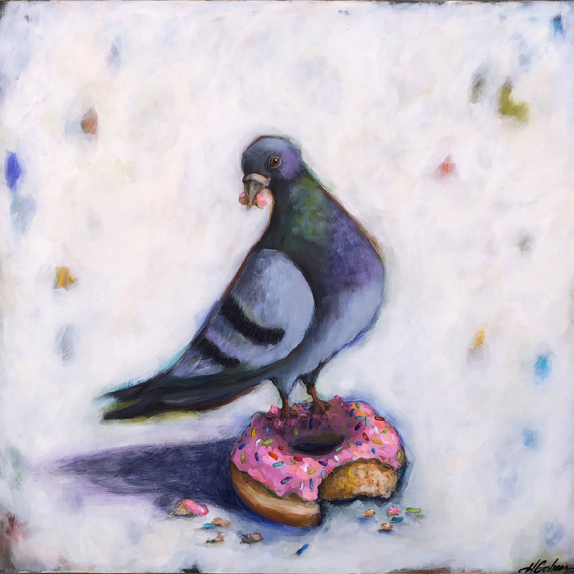 Pigeons Making Questionable Life Decisions, Donut by Heather Gorham