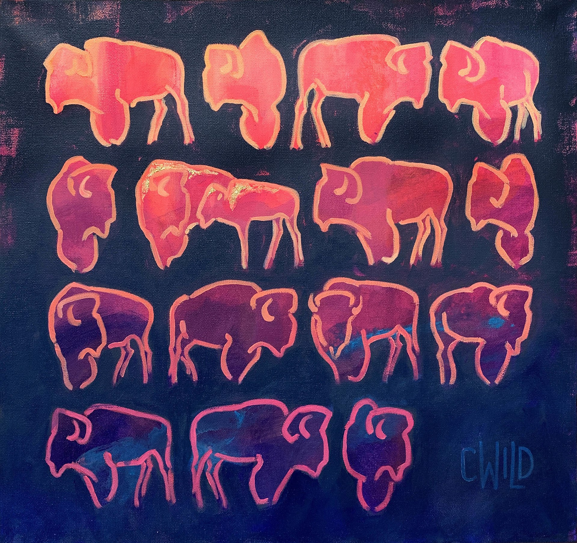 Original Painting Featuring Outlined Silhouette Bison In Pink And Purple With Dark Blue Background