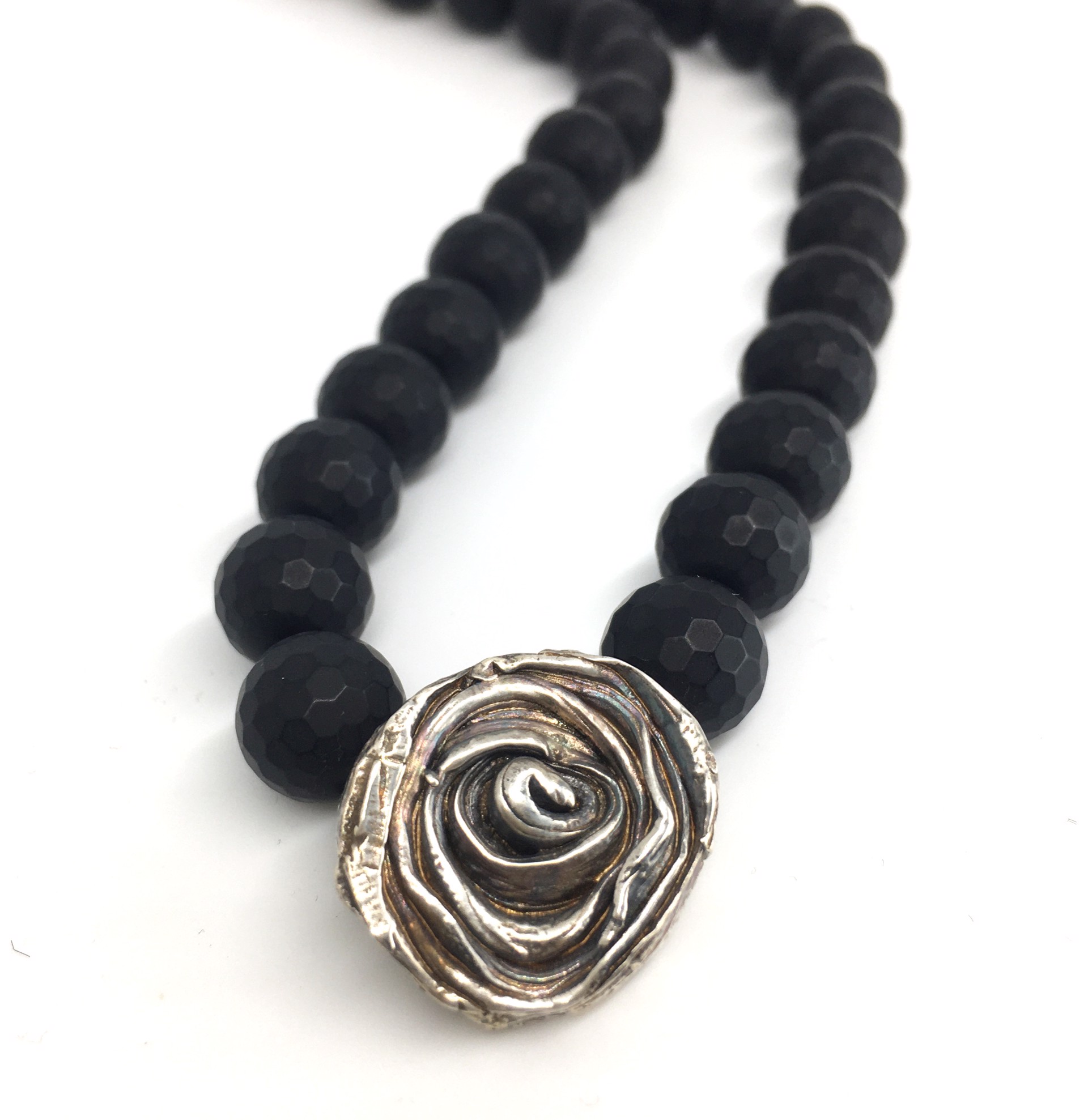 Onyx Necklace  with Mitsuro Hikime Rose in Sterling Silver by Melicia Phillips