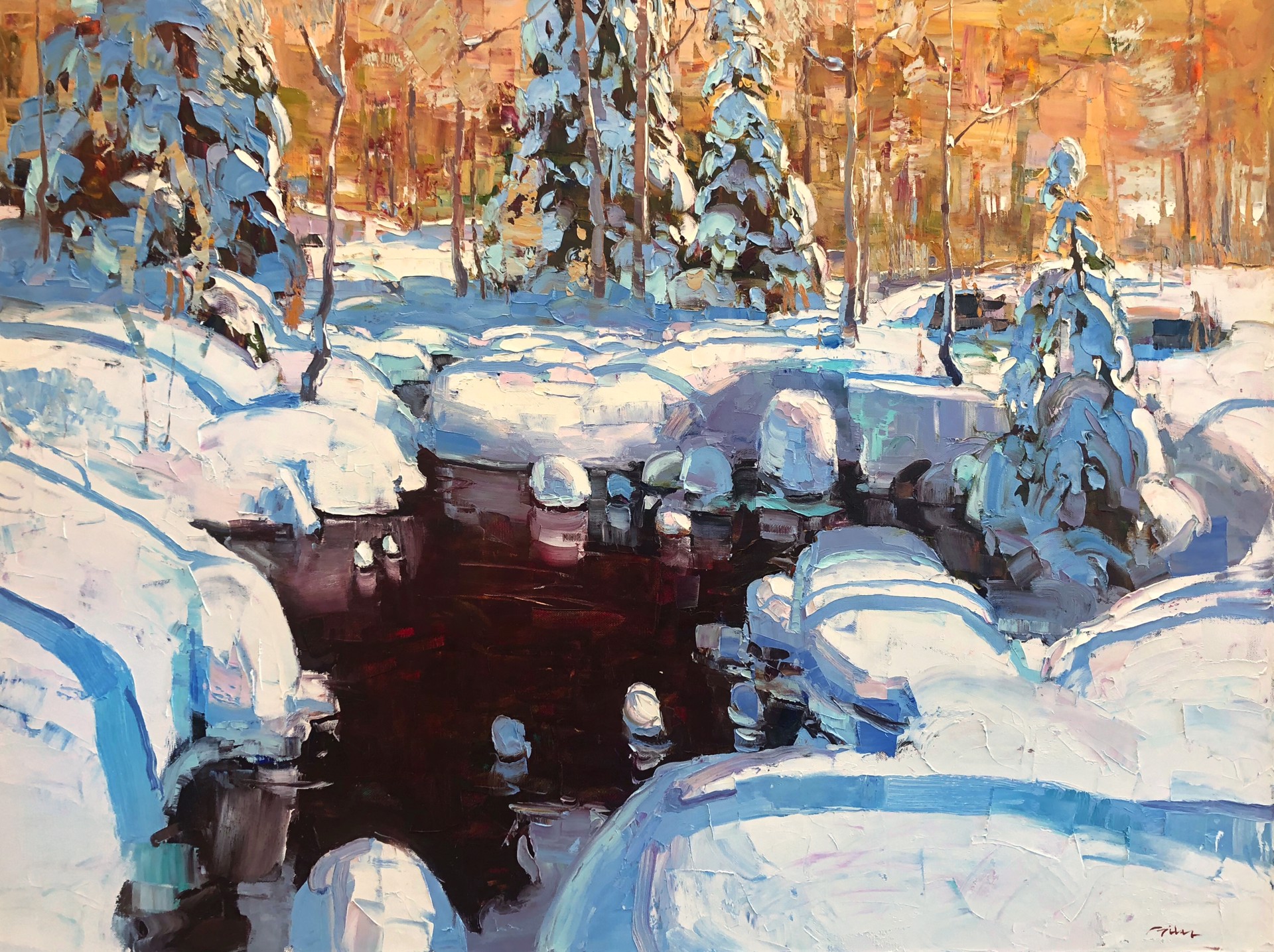 An Oil Painting Of A Pillow Like Snow Covered Pine Forest At The Edge Of A Pond, Contemporary Colorful Style By Silas Thompson