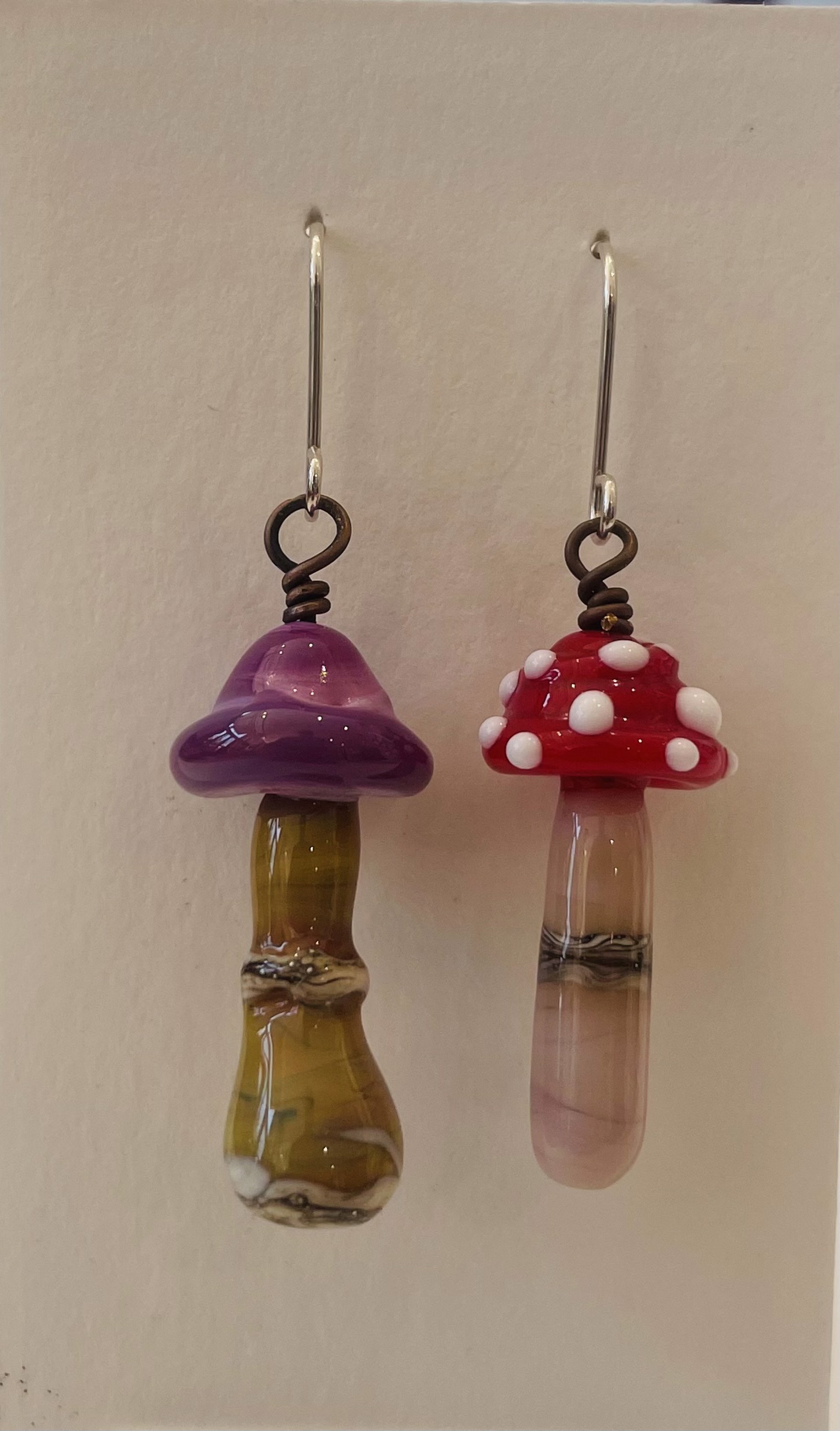 Mushroom Earrings Red Top White Dots/Neutral Purple Top by Emelie Hebert