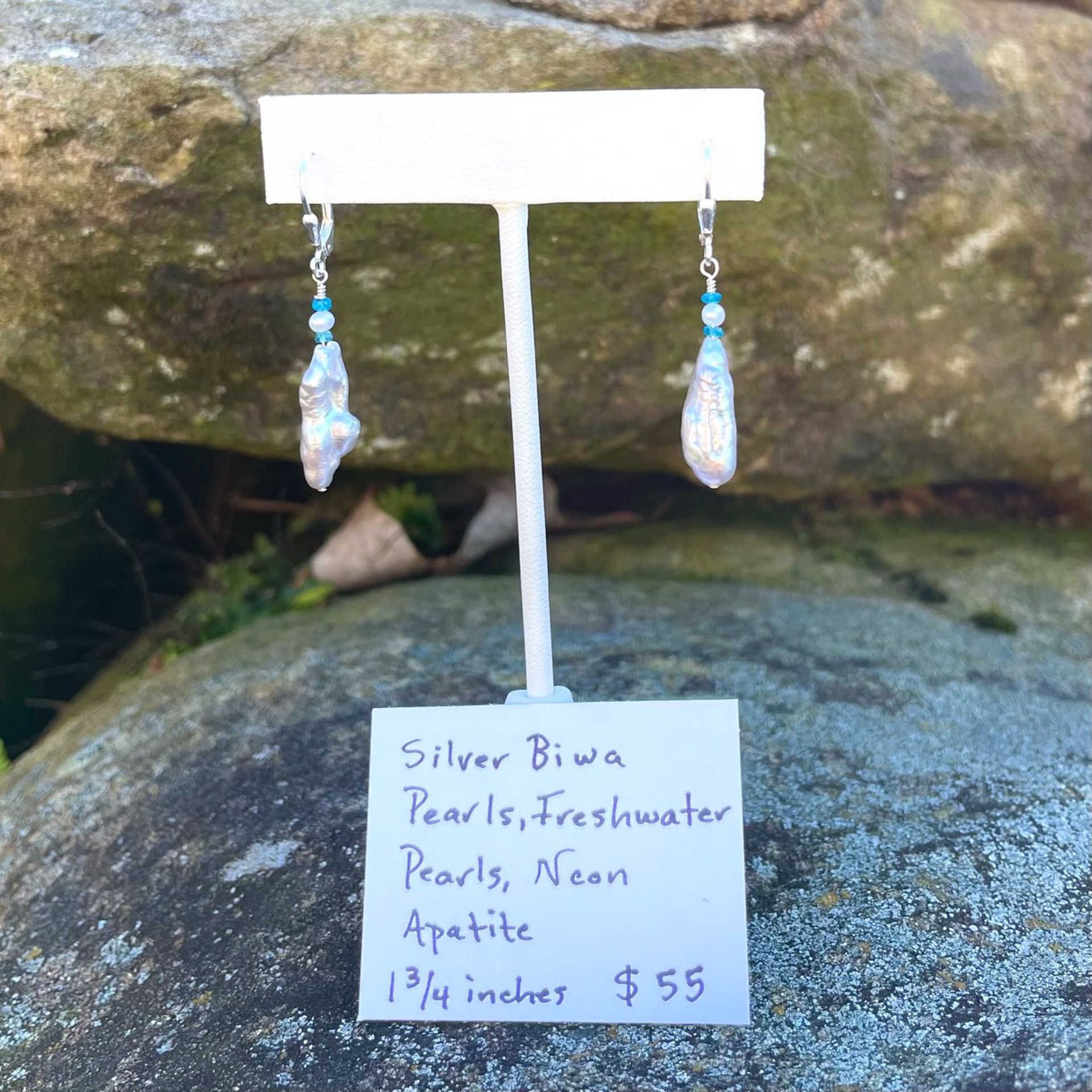 Neon Apatite, Silver Biwa Pearls, Freshwater Pearl Earrings by Lisa Kelley
