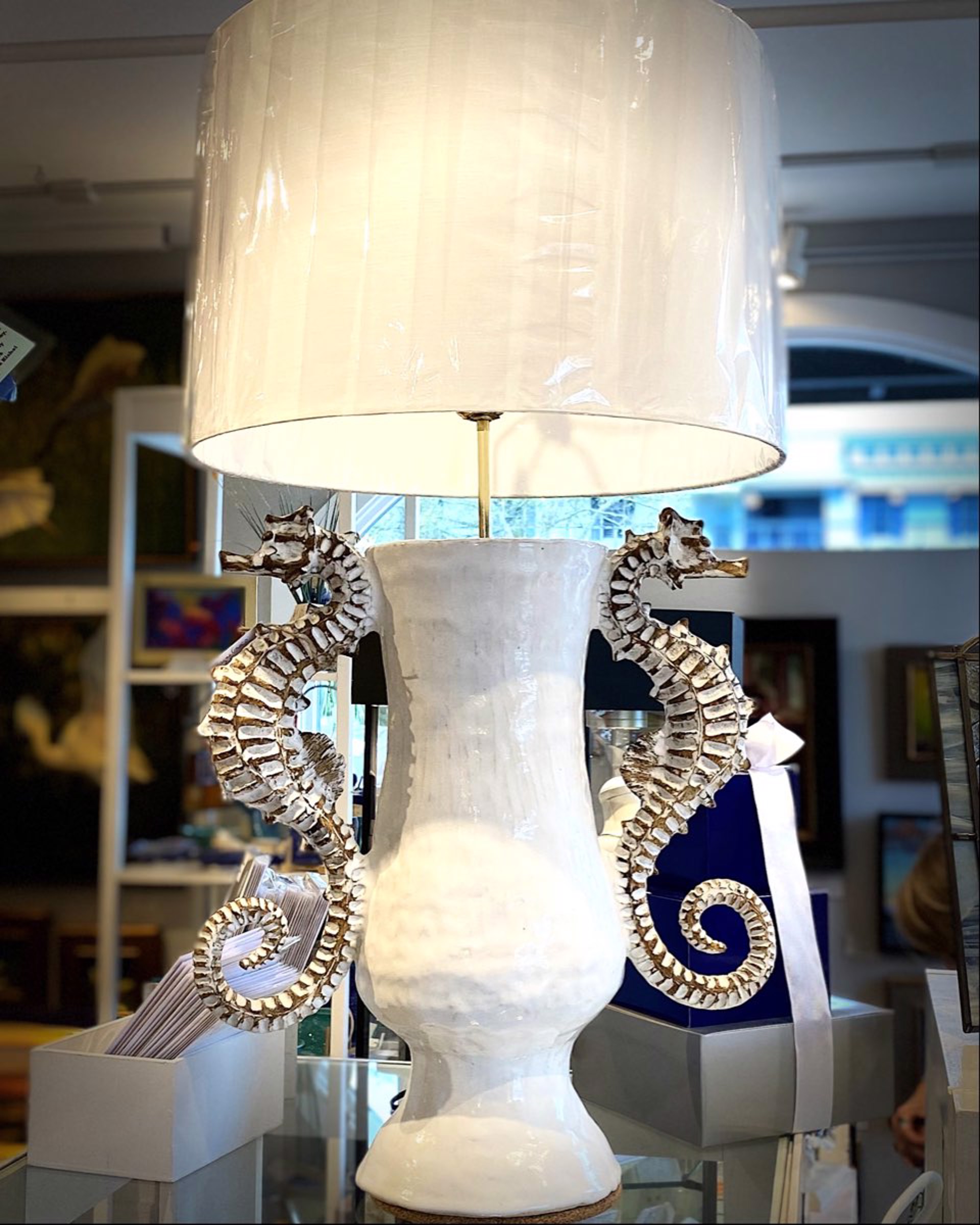 SG22-95 Double Seahorse Lamp (White) with shade 33”x17” by Shayne Greco