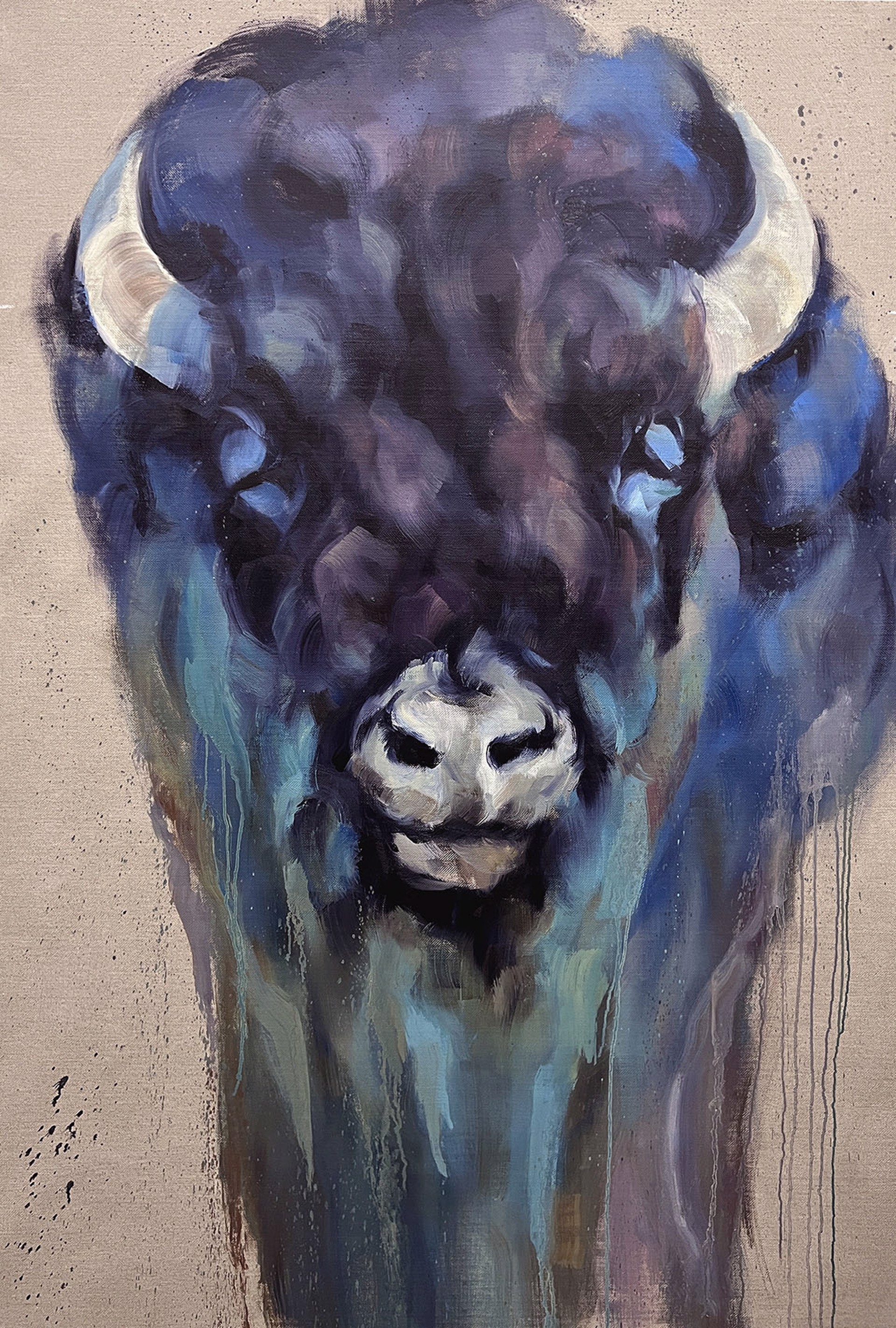 Original Oil Painting Featuring A Bison Head Over Exposed Linen Background