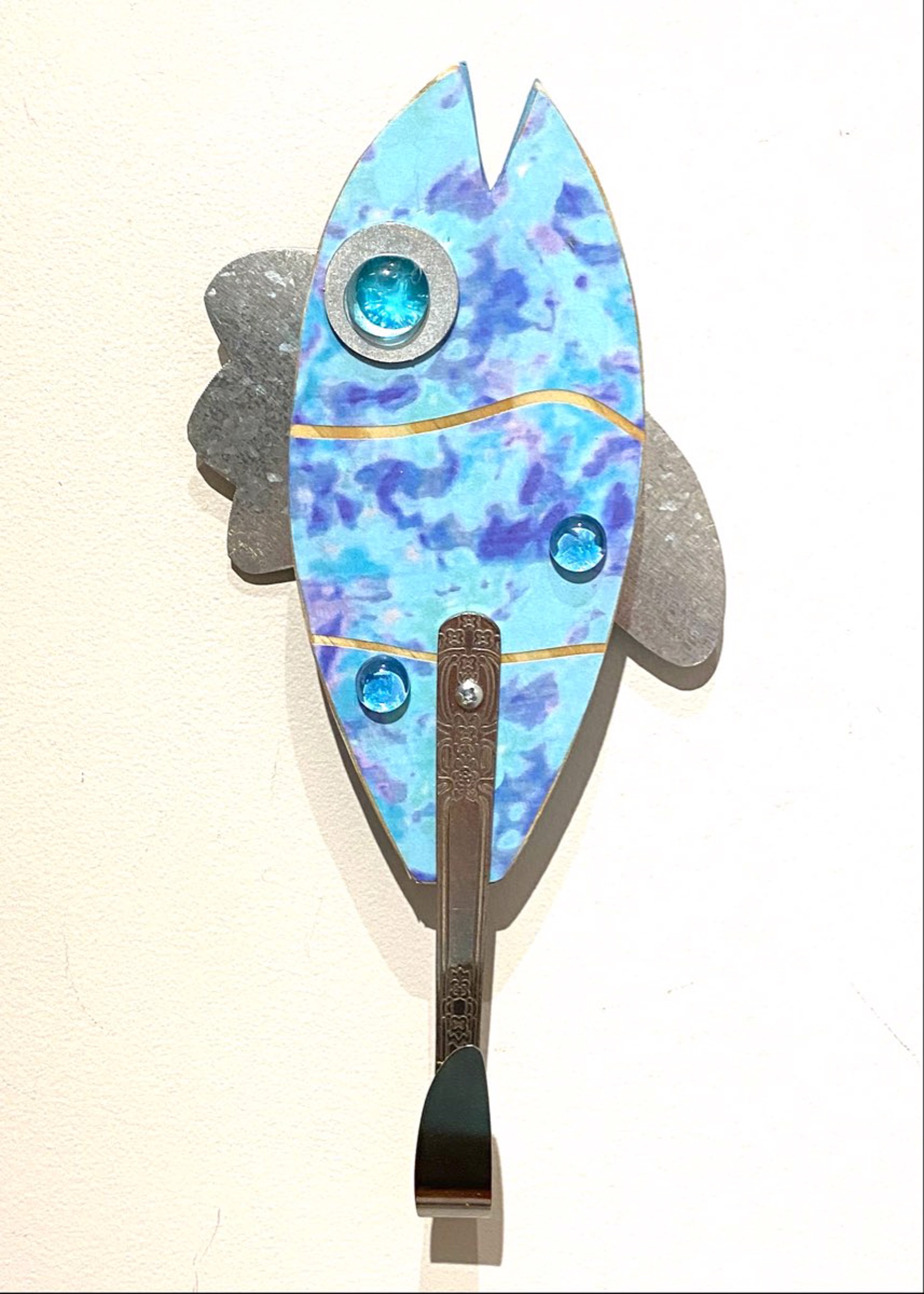 Pale Blue and Purple Wash Fish with Silverware Hook by Jo Watson