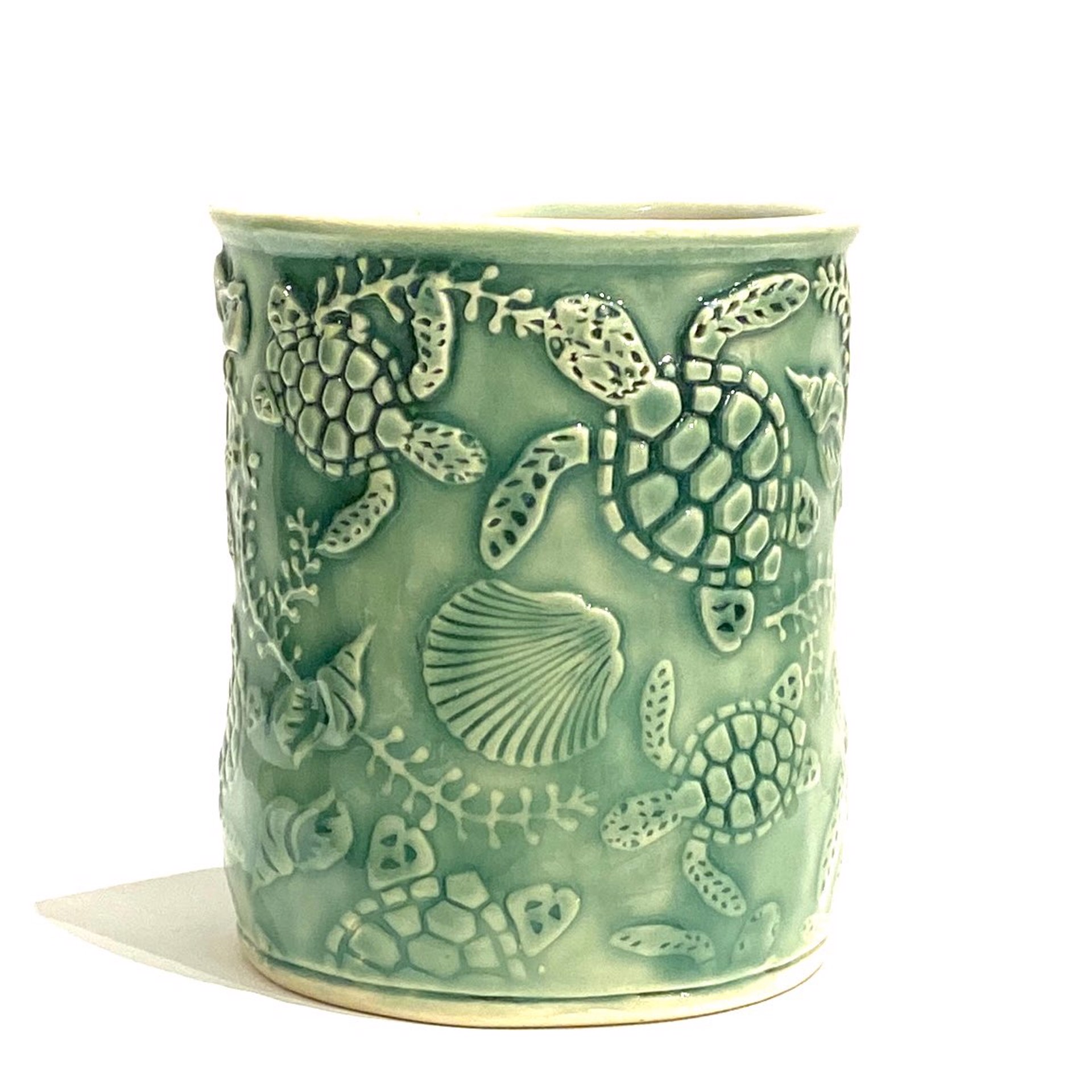 Green Embossed Swimming Turtles Cup by Barbara Bergwerf, Ceramics