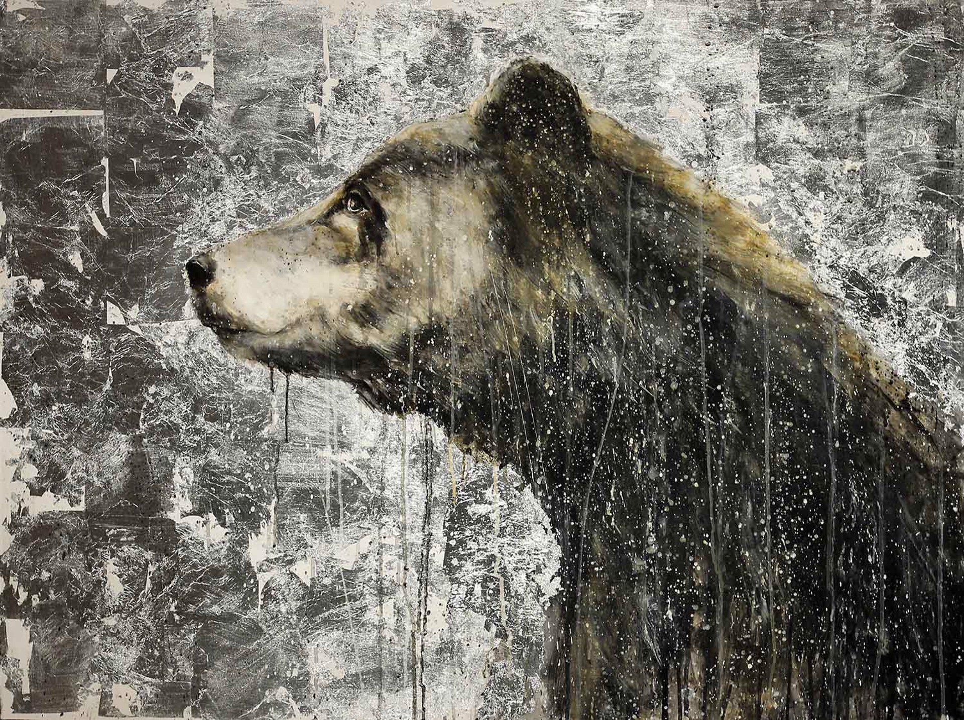 An Original Contemporary Fine Art Painting Of A Side Profile Of A Bear With A Silver And Black Abstract Background By Matt Flint Using Mixed Media On Panel