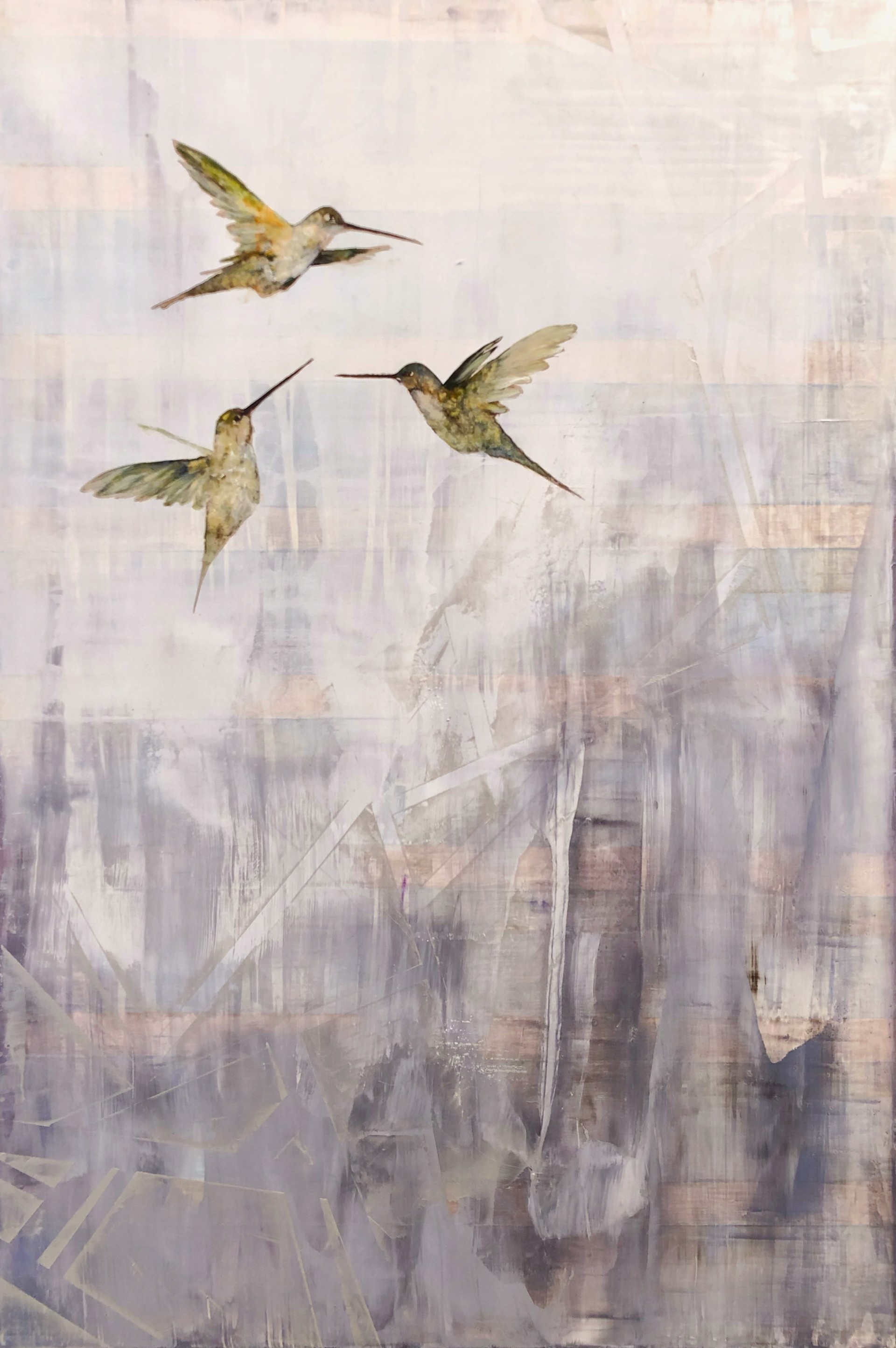 Original Oil Painting Of Three Humming Birds In Flight On a Light Grey Contemporary Background With Faint Geometrical Shapes, By Jenna Von Benedikt