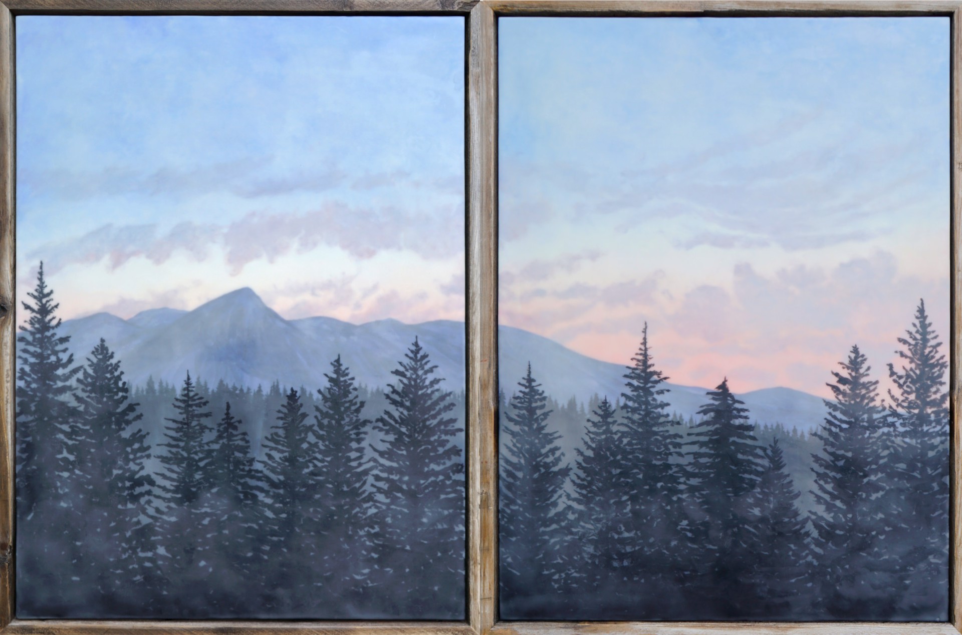 A Mountain Scene Nestled Behind Ridges of Evergreen Silhouettes Stretched Over Two Panels. 