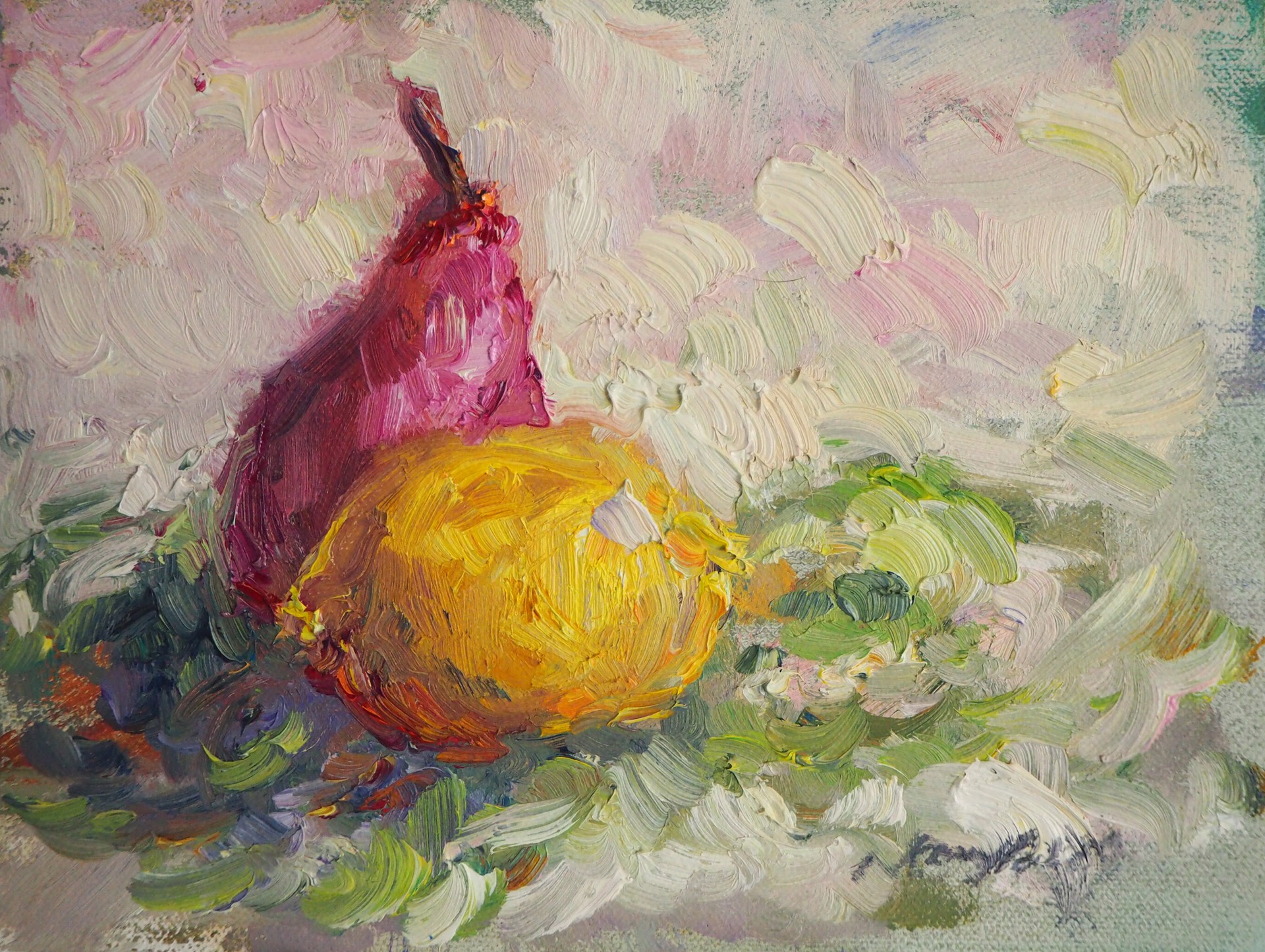 "Red Pear and Lemon" original oil painting by Karen Hewitt Hagan