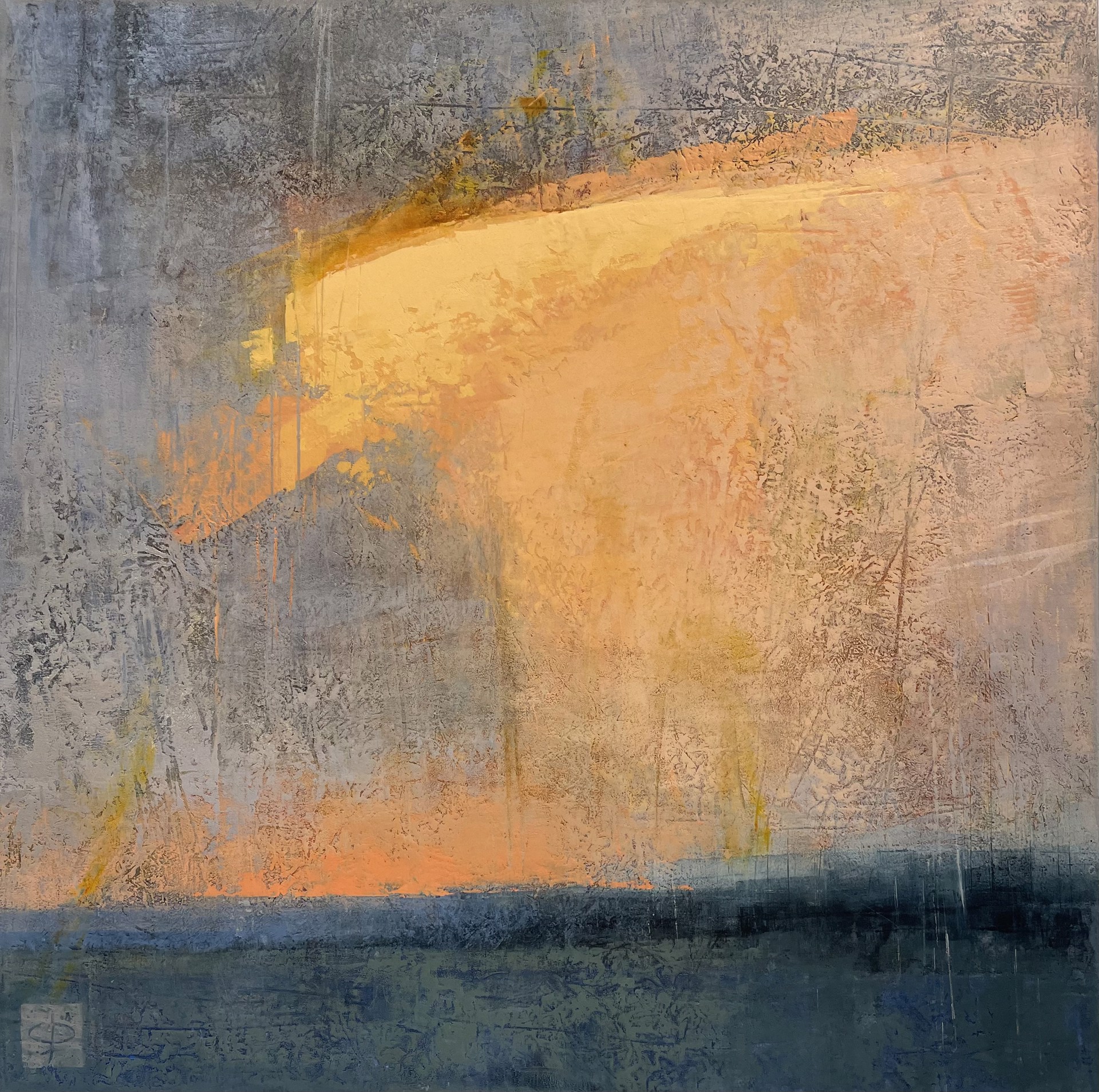 abstracted landscape painting, oil and cold wax painting, blue and gold landscape, sunset or sunrise painting, square painting 