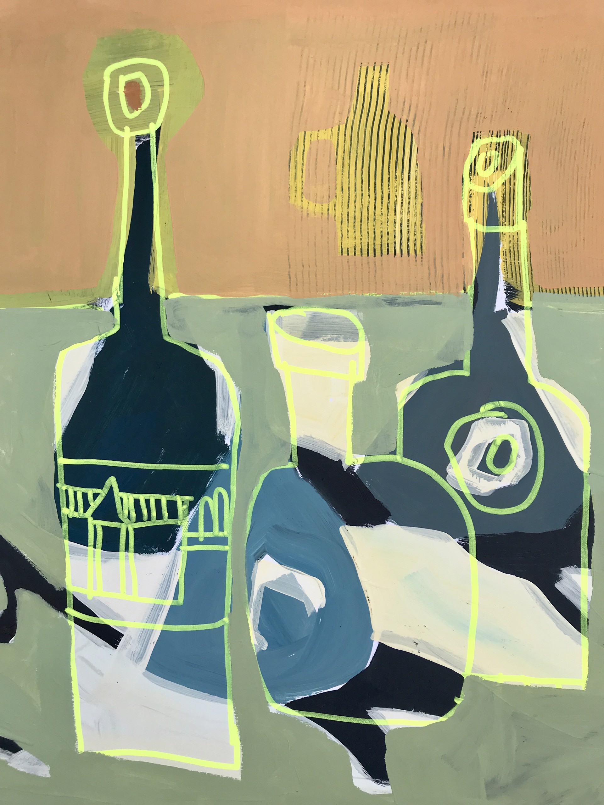 Five Blue Bottles on Green Table by Rachael Van Dyke