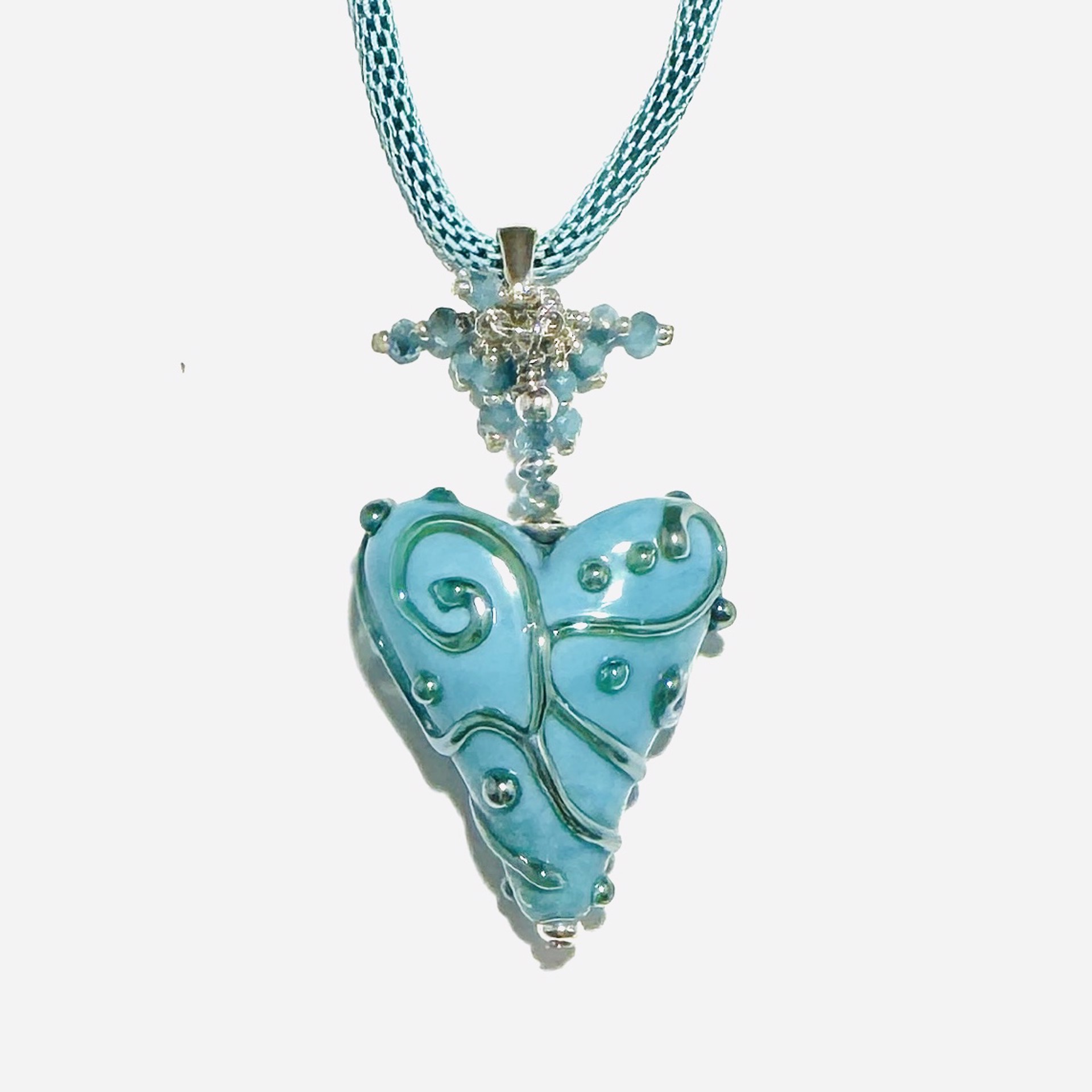Aqua Notos Heart, Crystal Cluster, Silver Mesh Chain Necklace LS24-75 by Linda Sacra