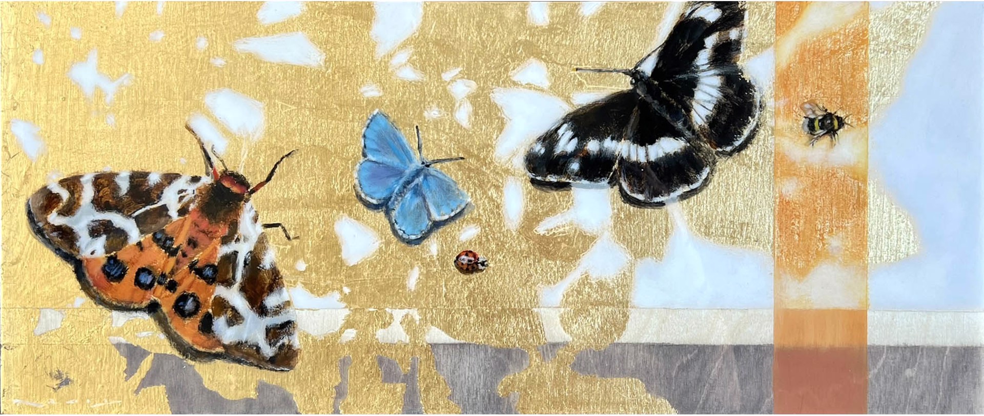 Original Artwork Featuring Moths, Butterflies And Ladybugs On Abstract Background With Gold Leaf Details And Wood Panel Showing Through Resin