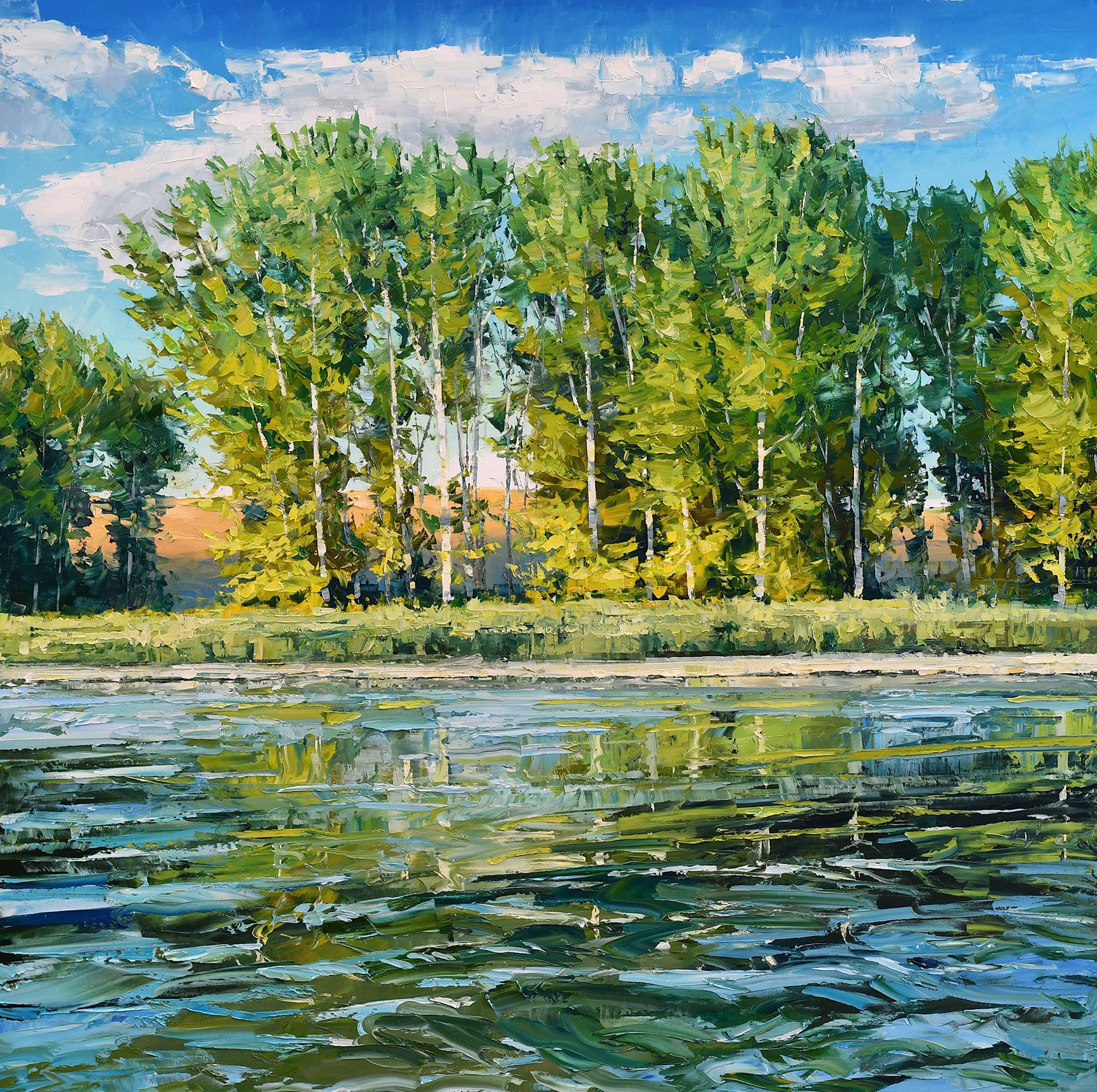 Palette Knife Oil Painting Summer River Landscape
