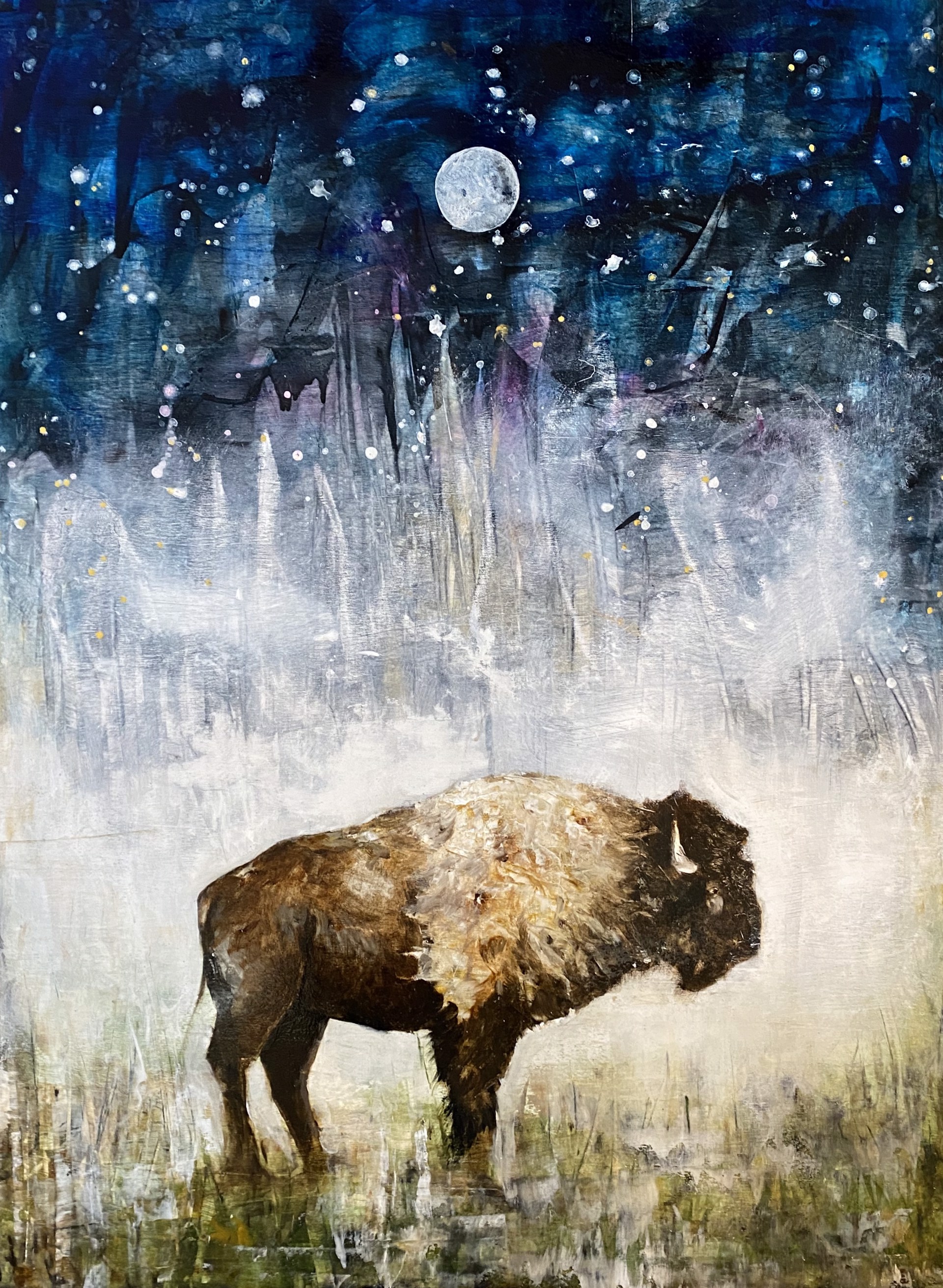 An Original Oil Painting Of A Standing Bison On A Contemporary Style Background With Starry Sky And Moon, By Jenna Von Benedikt