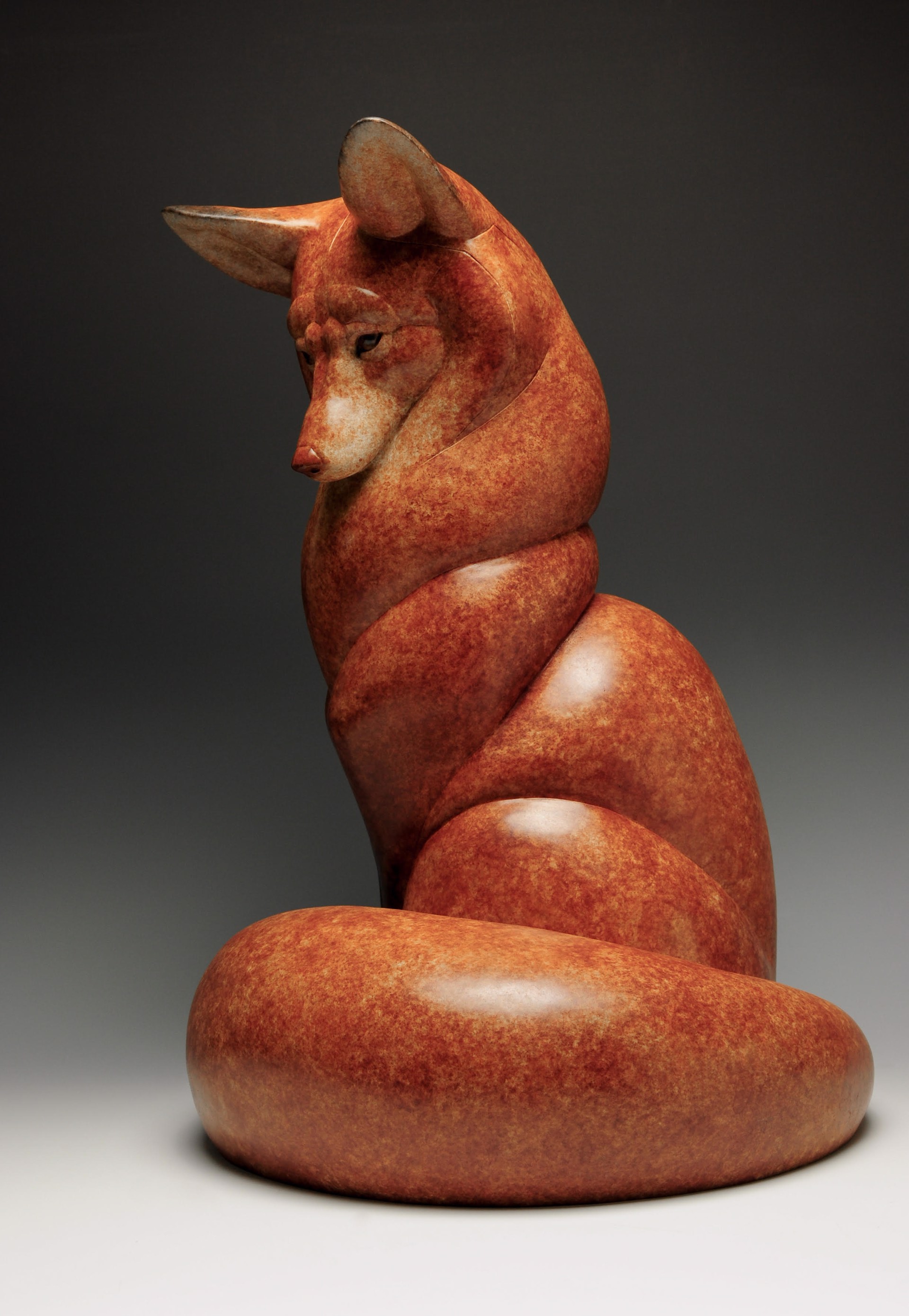Sublime Bronze Sculpture Of A Seated Red Fox With Tail Curled By Jeremy Bradshaw At Gallery Wild