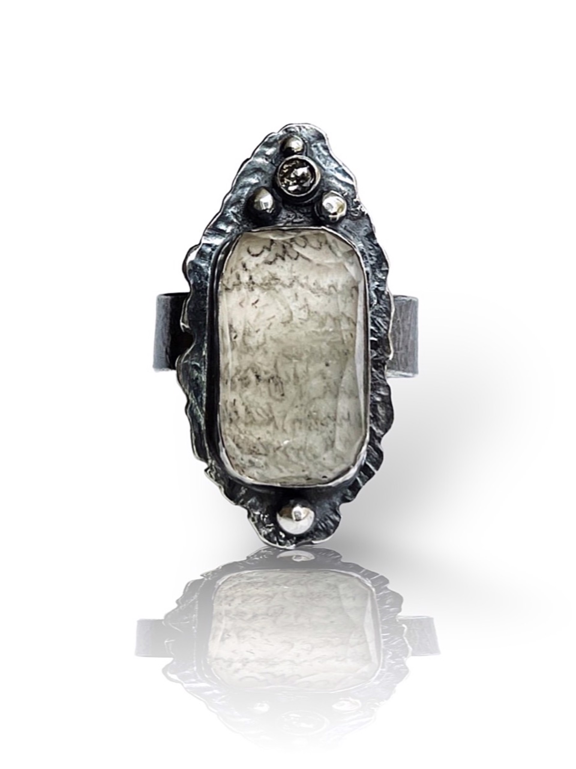 Aquamarine and Pepper Diamond Ring with Script by Terry Williams Brau
